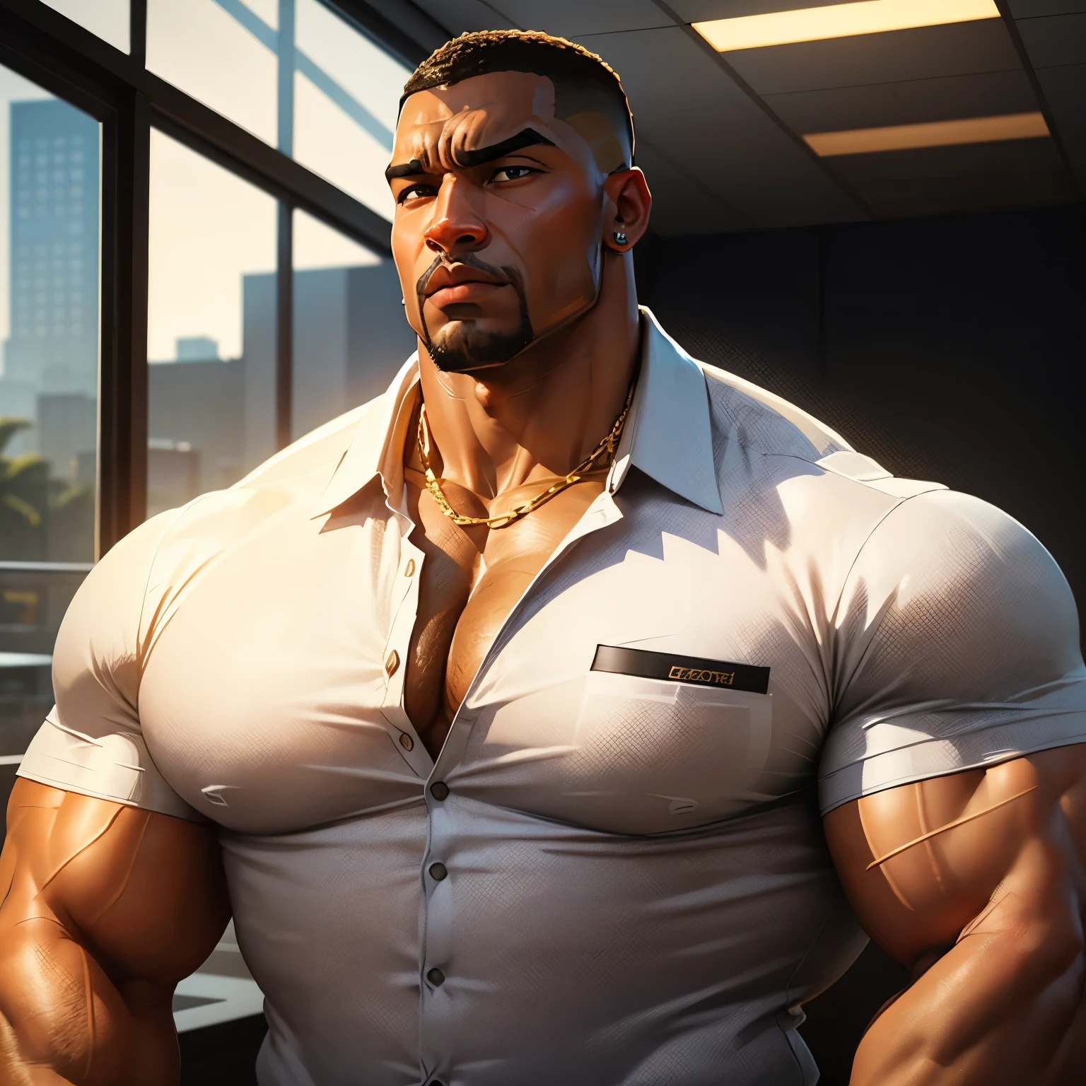 an exaggeratedly muscular and large bodyguard, beefy build, hefty, goatee, dark-skinned african american male, buzzcut hair with square line, (suspicious expression: 1.2), (wearing pin-striped casual business shirt: 1.2), small company badge on shirt, (bara pecs: 1.3), beefy pecs, gold earrings, gold chain necklace, arm tattoo, (arm and chest hair: 1.1), portrait HD, (fluorescent bright business office with large windows)