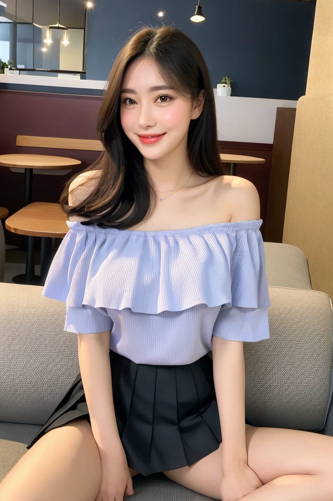 ,(tareme:1.4),kind eyes,huge breasts,(thick thighs),(beautiful japanese woman),pointy nose,straight hair,look at viewer,off-the-shoulder blouse,pleated skirt,shiny skin,sitting and spreading legs on sofa at cafe,24 years old,tender smile,sexy laced undies,no make-up,(upskirt),close up,