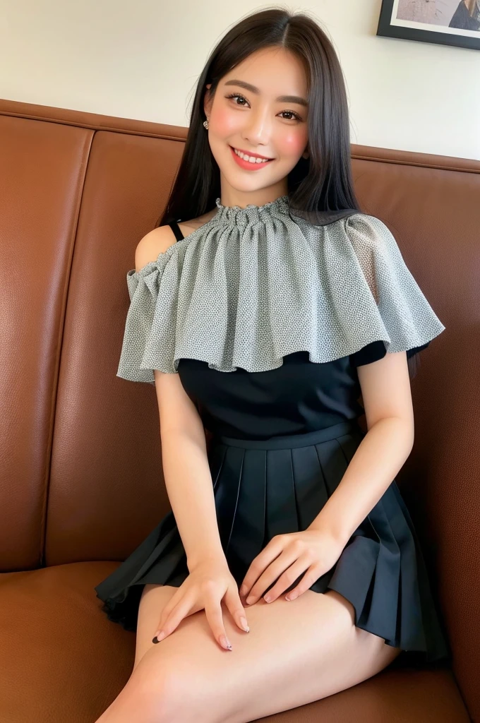 ,(tareme:1.4),kind eyes,huge breasts,(thick thighs),(beautiful japanese woman),pointy nose,straight hair,look at viewer,off-the-shoulder blouse,pleated skirt,shiny skin,sitting and spreading legs on sofa at cafe,24 years old,tender smile,sexy laced undies,no make-up,(upskirt),close up,
