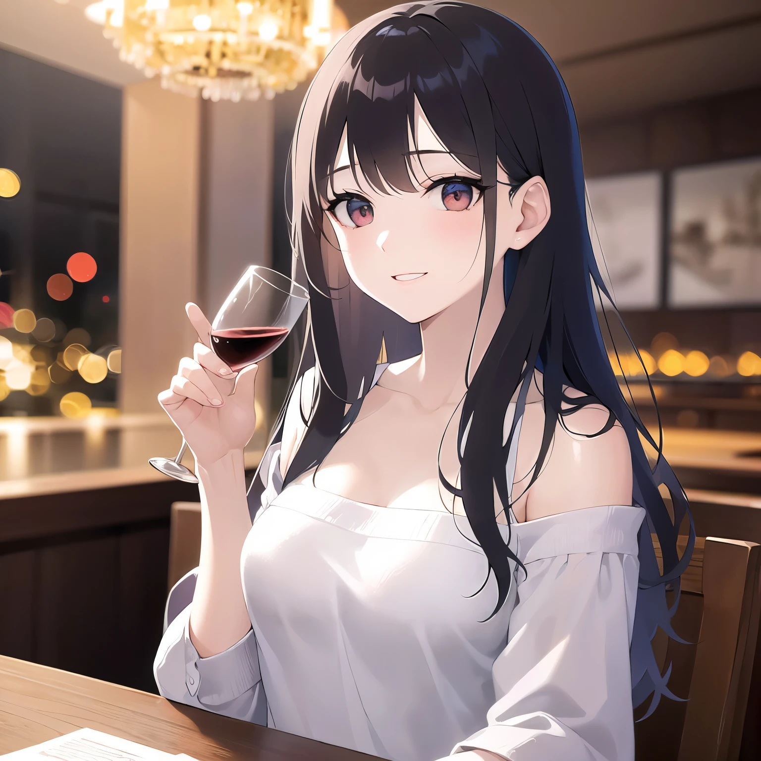 holding a wine glass, Upper Body, Realistic, real person, (pale skin: 1.2), RAW photo, photorealistic, portrait photography, shiny skin, shiny hair、(A 25-year-old woman with medium-length hair and bangs) and (wavy hair) and (brown hair) and (orange eyes) ,White off-shoulder blouse、smile, The background is the interior of a restaurant at night.、Alone、Sitting