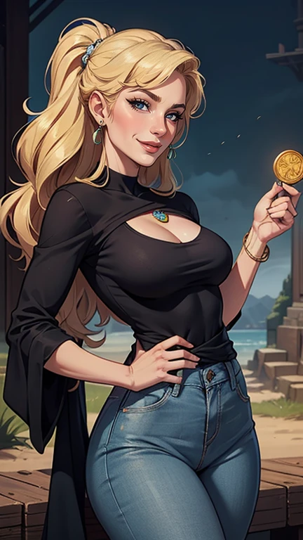 mulher de 35 anos, very long blonde hair down to the waist and half curly with bangs, seios pequenos, olhos grandes com um brilho apaixonado, olhos verdes mel, Um lindo sorriso, wearing a long black t-shirt with a green feminine suit and jeans, in a serious and sweet comic-style pose, alta qualidadePersonagem mulher estilo atompunk Fiona rainha Anna de Arendelle com marcas de guerras Imagem de desenho animado de uma mulher .Ilustra??o estilo desenho animado, estilo de arte dos desenhos animados, estilo de arte dos desenhos animados, digital illustration style, estilo atompunk design de personagens altamente detalhado, arte digital detalhada coragem, Forest fan art, Design de personagens de retrato, beautiful digital illustration, retrato de alta qualidade, Arte em quadrinhos, mulher jovem cabelo com transas lindas . Queen Anna of ArendelleBeautiful lined eyes Medium large bust and wonderful sexy clothes. image expression of sexual desire from waist to head illustration Queen Anne of Arendelle atompunk style Fallout 4 style pose playboy magazine sensual witch Character cartoon style facial expression happy beautiful smile and six medium small portrait mode waist up with lots of gold around her other stones precious portrait mode waist up queen of the south Jennifer Connelly GTA scenery dominatrix gold coins chest with jewelry with her boyfriend, um homem com barba preta, armado com um estilo militar,