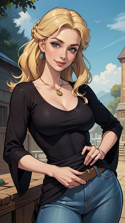 mulher de 35 anos, very long blonde hair down to the waist and half curly with bangs, seios pequenos, olhos grandes com um brilho apaixonado, olhos verdes mel, Um lindo sorriso, wearing a long black t-shirt with a green feminine suit and jeans, in a serious and sweet comic-style pose, alta qualidadePersonagem mulher estilo atompunk Fiona rainha Anna de Arendelle com marcas de guerras Imagem de desenho animado de uma mulher .Ilustra??o estilo desenho animado, estilo de arte dos desenhos animados, estilo de arte dos desenhos animados, digital illustration style, estilo atompunk design de personagens altamente detalhado, arte digital detalhada coragem, Forest fan art, Design de personagens de retrato, beautiful digital illustration, retrato de alta qualidade, Arte em quadrinhos, mulher jovem cabelo com transas lindas . Queen Anna of ArendelleBeautiful lined eyes Medium large bust and wonderful sexy clothes. image expression of sexual desire from waist to head illustration Queen Anne of Arendelle atompunk style Fallout 4 style pose playboy magazine sensual witch Character cartoon style facial expression happy beautiful smile and six medium small portrait mode waist up with lots of gold around her other stones precious portrait mode waist up queen of the south Jennifer Connelly GTA scenery dominatrix gold coins chest with jewelry with her boyfriend, um homem com barba preta, armado com um estilo militar,