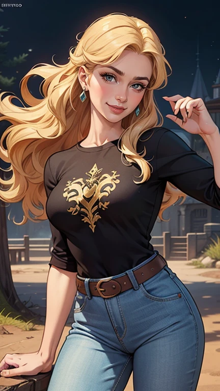 mulher de 35 anos, very long blonde hair down to the waist and half curly with bangs, seios pequenos, olhos grandes com um brilho apaixonado, olhos verdes mel, Um lindo sorriso, wearing a long black t-shirt with a green feminine suit and jeans, in a serious and sweet comic-style pose, alta qualidadePersonagem mulher estilo atompunk Fiona rainha Anna de Arendelle com marcas de guerras Imagem de desenho animado de uma mulher .Ilustra??o estilo desenho animado, estilo de arte dos desenhos animados, estilo de arte dos desenhos animados, digital illustration style, estilo atompunk design de personagens altamente detalhado, arte digital detalhada coragem, Forest fan art, Design de personagens de retrato, beautiful digital illustration, retrato de alta qualidade, Arte em quadrinhos, mulher jovem cabelo com transas lindas . Queen Anna of ArendelleBeautiful lined eyes Medium large bust and wonderful sexy clothes. image expression of sexual desire from waist to head illustration Queen Anne of Arendelle atompunk style Fallout 4 style pose playboy magazine sensual witch Character cartoon style facial expression happy beautiful smile and six medium small portrait mode waist up with lots of gold around her other stones precious portrait mode waist up queen of the south Jennifer Connelly GTA scenery dominatrix gold coins chest with jewelry with her boyfriend, um homem com barba preta, armado com um estilo militar,