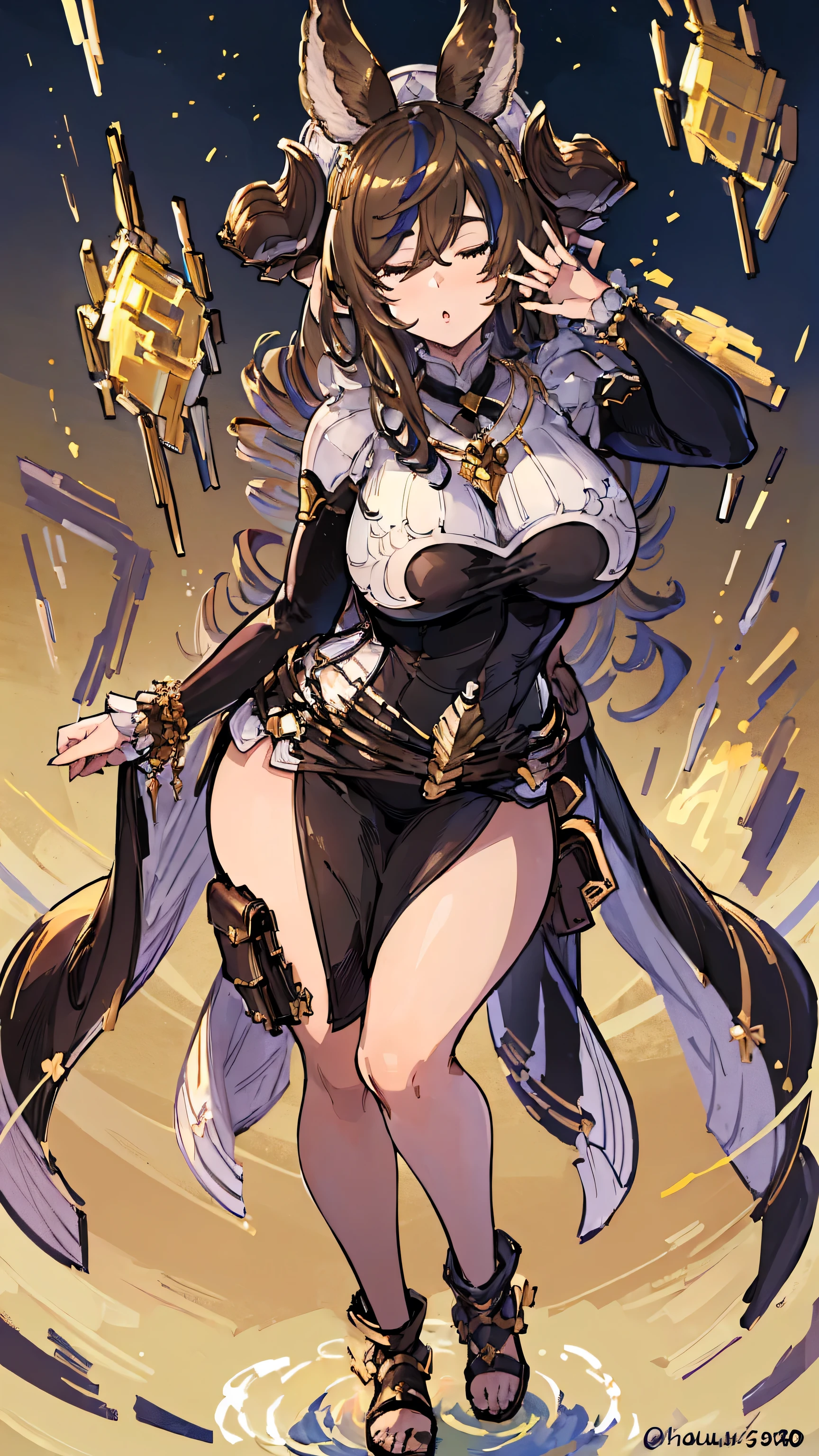 ((highest quality, 8K, masterpiece :1.3)),Ultra detailed face, 1 adult female,Galewon,GRANBLUE FANTASY,Voluptuous body,Large Breasts,color々A pose,Full Body,