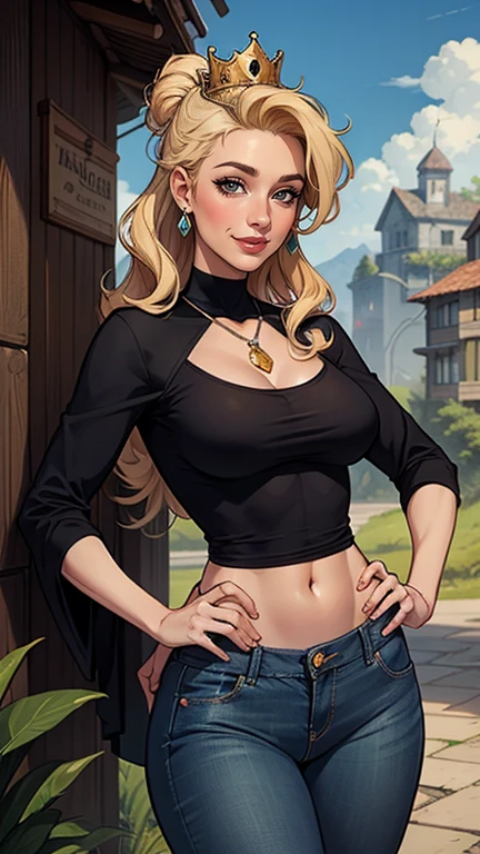 mulher de 35 anos, very long blonde hair down to the waist and half curly with bangs, seios pequenos, olhos grandes com um brilho apaixonado, olhos verdes mel, Um lindo sorriso, wearing a long black t-shirt with a green feminine suit and jeans, in a serious and sweet comic-style pose, alta qualidadePersonagem mulher estilo atompunk Fiona rainha Anna de Arendelle com marcas de guerras Imagem de desenho animado de uma mulher .Ilustra??o estilo desenho animado, estilo de arte dos desenhos animados, estilo de arte dos desenhos animados, digital illustration style, estilo atompunk design de personagens altamente detalhado, arte digital detalhada coragem, Forest fan art, Design de personagens de retrato, beautiful digital illustration, retrato de alta qualidade, Arte em quadrinhos, mulher jovem cabelo com transas lindas . Queen Anna of ArendelleBeautiful lined eyes Medium large bust and wonderful sexy clothes. image expression of sexual desire from waist to head illustration Queen Anne of Arendelle atompunk style Fallout 4 style pose playboy magazine sensual witch Character cartoon style facial expression happy beautiful smile and six medium small portrait mode waist up with lots of gold around her other stones precious portrait mode waist up queen of the south Jennifer Connelly GTA scenery dominatrix gold coins chest with jewelry with her boyfriend, um homem com barba preta, armado com um estilo militar,