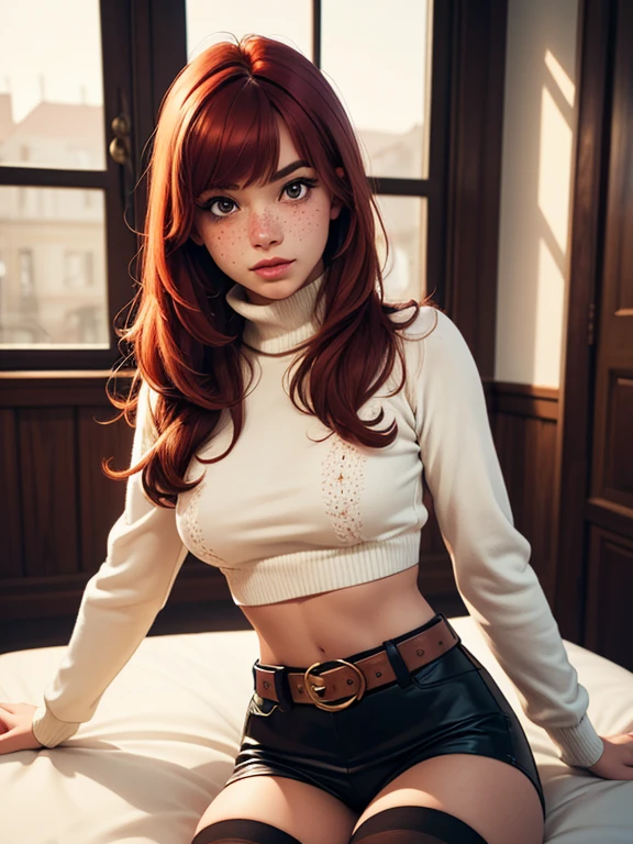 red-haired girl,detailed freckles,bangs,turtleneck crop top,black stockings with a belt,illustration,ultra-detailed,realistic portrait,vivid colors,warm tones,soft lighting