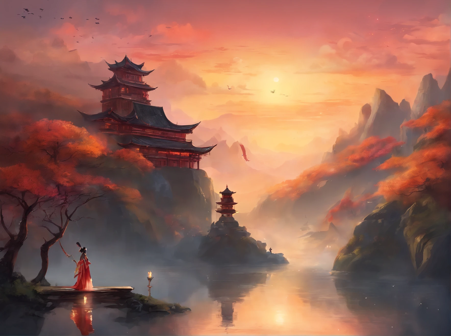 (masterpiece, highest quality, highest quality, Official Art, beautifully、Aesthetic 1.2)Spectacular atmosphere、Man and woman kissing、The man has short hair、Woman has long black hair、Beautiful profile、China、mysterious、背景はChinaの山、shrine、Detailed Background、candle、Glowing effect, very beautiful, like、like情、moving、gold、bless、恋like