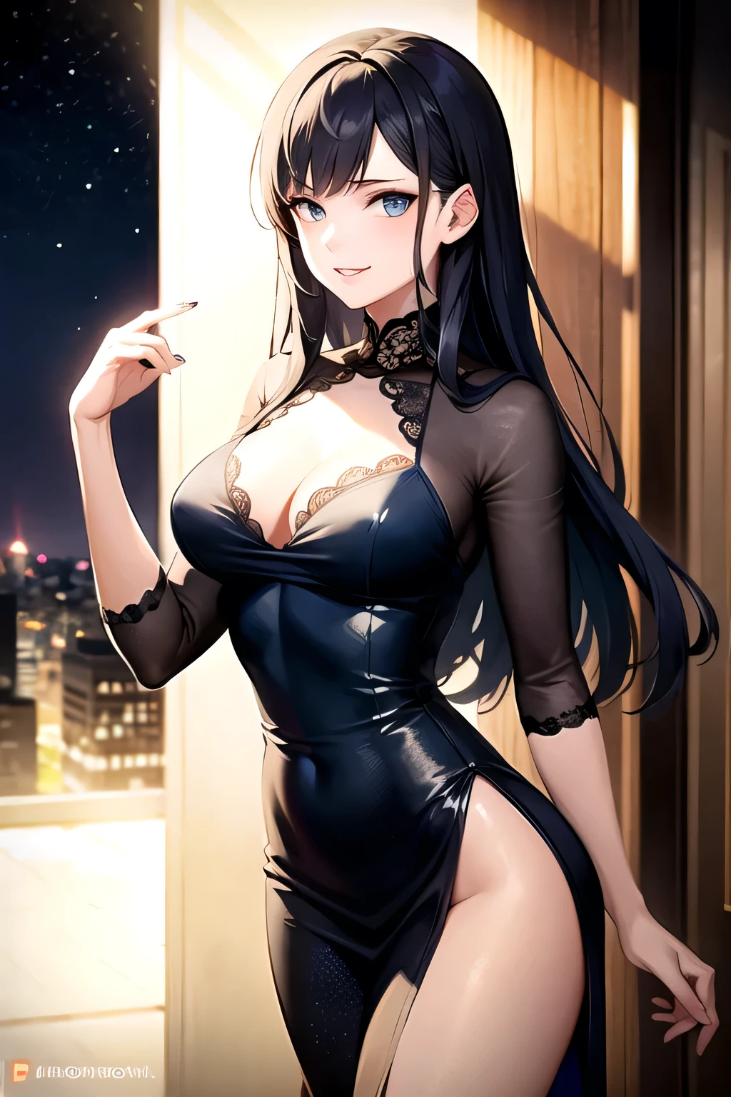 ((best quality)), ((masterpiece)), (detailed), perfect face, a gorgeous young woman with long black hair and blue eyes,smile, elegant, blue dress, wearing an elegant ta dress, standing alone, outside at night, soft features, standing, delicate face, idol, famous female model, celebrity, happy, detailed eyes, gorgeous woman, smug, haughty, sneering, dominant, confident, proud
