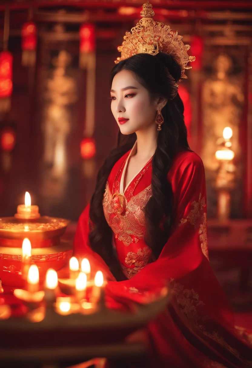(masterpiece, highest quality, highest quality, Official Art, beautifully、aesthetic:1.2), girl, Detailed face, Long black hair, whole body, Chinese Goddess, Red traditional costume,Violet Corset, Cosmic, very beautiful, High resolution, (In the background is a Chinese shrine), Glowing effect, Most detailed, Suspended particles, , Geometric pattern, Void 3 Energy , where, Shadow, Spectacular atmosphere, Our Lady, Golden God Ornament, Beautiful accessories made of agate and jade, smile, kind, Halo, Sparkling, laughing, mysterious