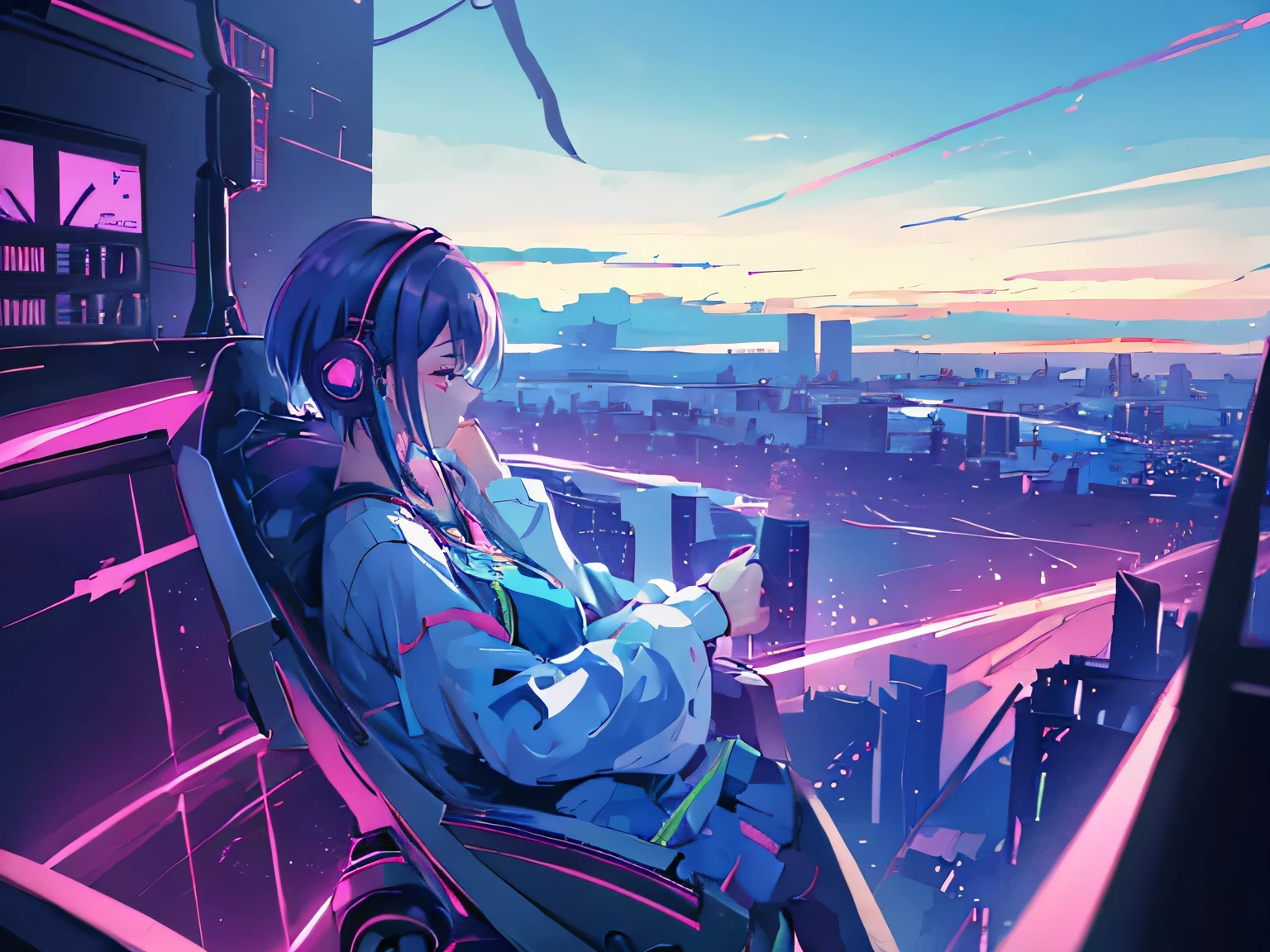 Vast Sky、Right side view of a girl listening to music, Using headphones, Anime-style 2D, Lo-Fi