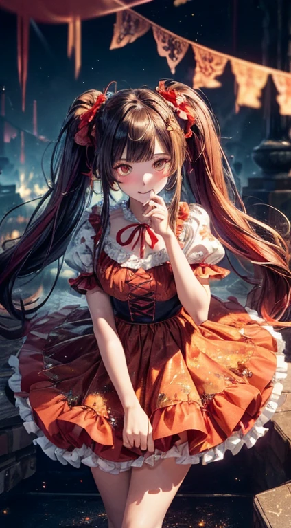 (fullbody, legs and shoes visible: 1.2)) expressive eyes, woman, pale skin, long hair, windblown hair, ((long hair)), long sidelocks, hime bangs, hair fringe, hair bun, ((long twintails)), flaming hair, red hair, blushing, full face blushing, big sparkling glowing red eyes, (gradient eyes), open mouth smile, cute pose,
flowy flaming dress, ((scarlet multicolored open dress)), (mist), orange ruffles, yellow frills, (light red lace), detached short sleeves, puffy skirt, ((fire and stars print skirt : 1.3)), lolita skirt, dark red bows, ((pompon ribbons hair ornament : 1.4)), multiple bows, striped lace stockings, (heart shaped leg garter), cute (dark orange) shoes ((hyperdetailed clothing and fashion)) looking at you, vintage girl, blushing, (beautiful detailed eyes), (extremely detailed CG unity 8k wallpaper) (best shadow), ((an extremely delicate and beautiful)), (detailed light), ((depth of field)) big head, big sparkling eyes, moe, splash art, cinematic lighting, frontal view, volumetric lighting maximalist photo illustration 64k resolution high res intricately detailed complex key visual precise linear 
((in the dark palace background, surrounded by expensive decor, shooting stars)) ((hyperdetailed scenery, foggy, darkness : 1.3))