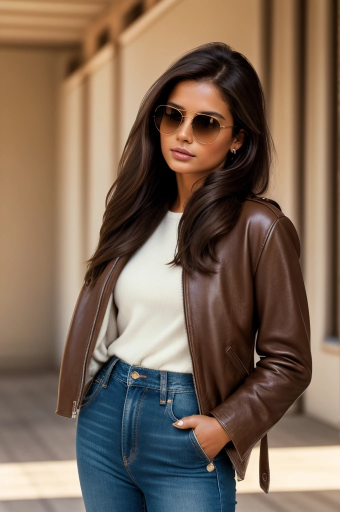 Editorial Photography. 1980s style, a gorgeous girl with long dark brown hair. Hazelnut brown leather jacket, Jeans, sunglasses, medium Term., The air is shady, Calm and quiet ambient, detailed skin. 35 mm. (nikon d850)​, realistic skin texture , atractive features.