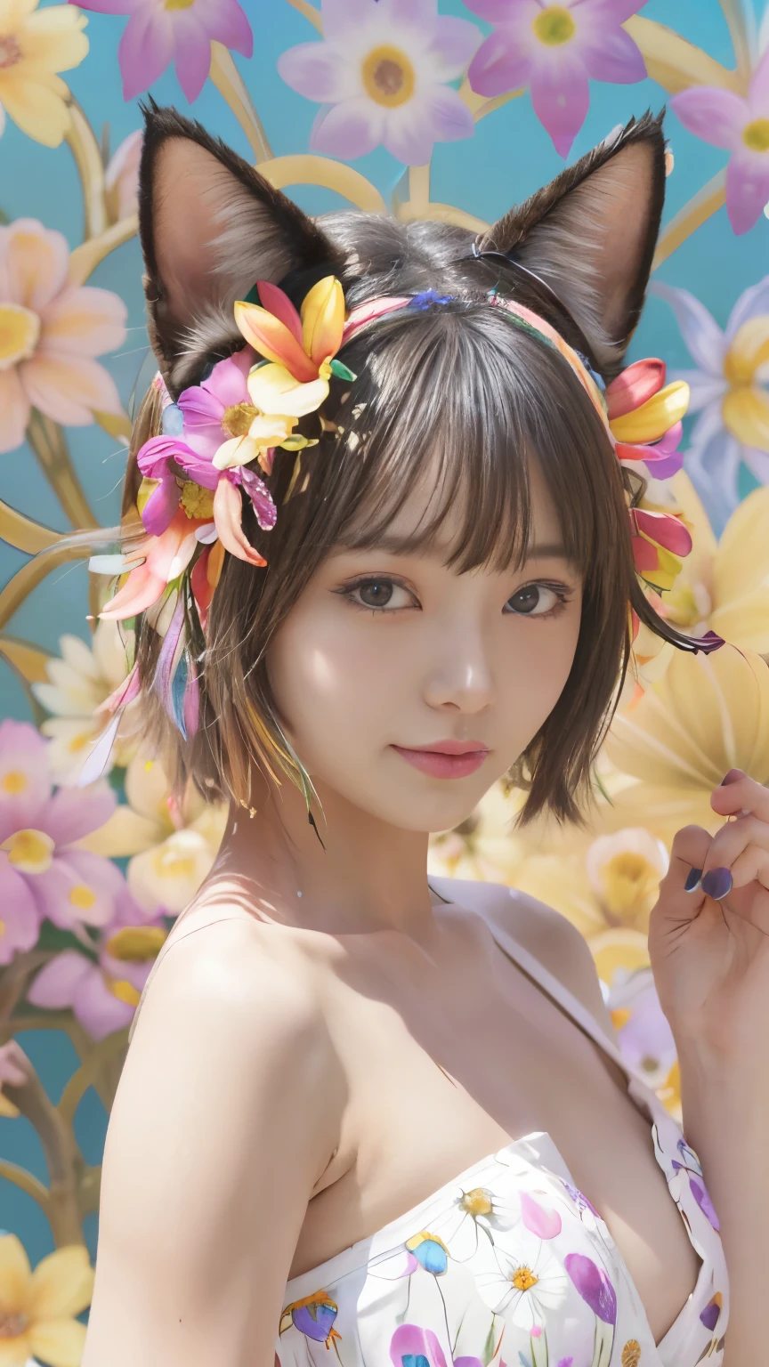 8k, best quality, masterpiece, a photo of a beautiful girl in many flowers, (Flower shower:1.2), (Medium breast), blushed face, Bob brown hair, (Japanese idle:1.6), BREAK, (Cat ears:1.2), Looking at the viewer , (colourful Flower background:1.8), (full of colourful flowers:1.5)