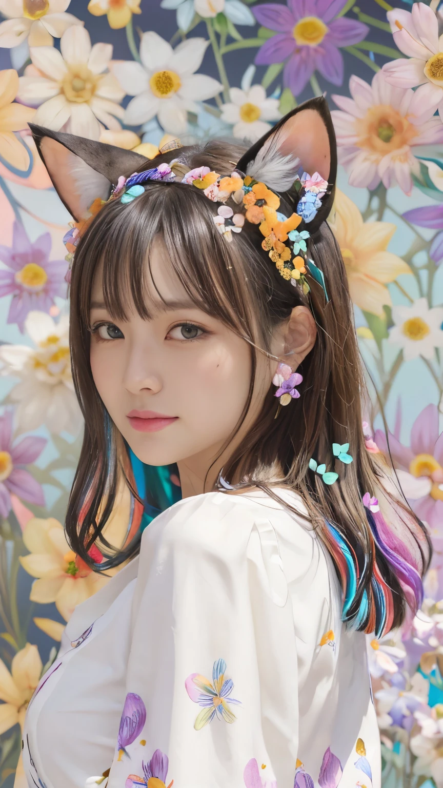 8k, best quality, masterpiece, a photo of a beautiful girl in many flowers, (Flower shower:1.2), (Medium breast), blushed face, Bob brown hair, (Japanese idle:1.6), BREAK, (Cat ears:1.2), Looking at the viewer , (colourful Flower background:1.8), (full of colourful flowers:1.5)