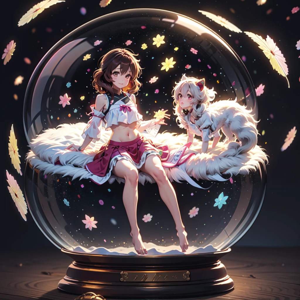 Snow globe with Kumiko inside 、galaxy background、(masterpiece、highest quality、Super detailed)、1 adult lady、Perfect hands、Perfect Fingers、Five fingers、Perfect legs、Glowing Skin、Mid-chest、barefoot、midriff peek、Bangs between the eyes、(Big round eyes)、smiling、Pink Lips