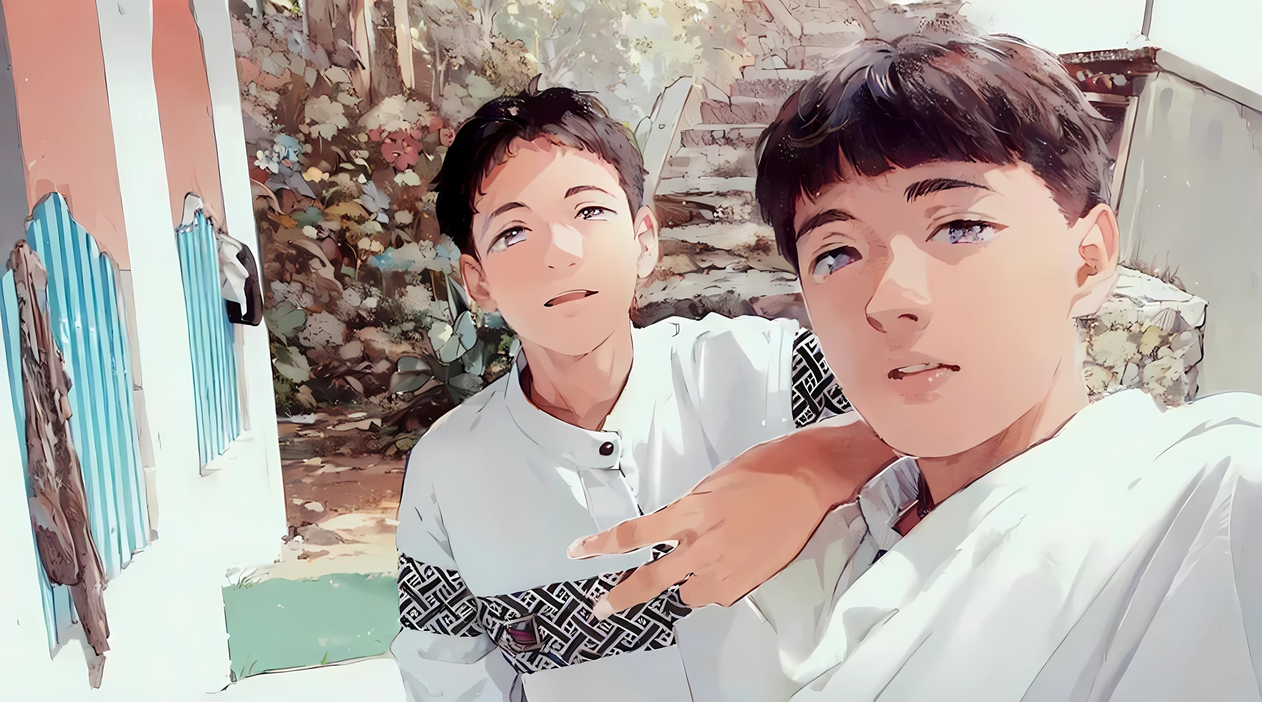 ((masterpiece)), ((ultra hight quality)), ((ultra hight resolution)), ((Perfect detailed)), ((Perfect Picture)), ((Perfect face)), 2 handsome anime boy, 2 anime boy, smile, looking at camera