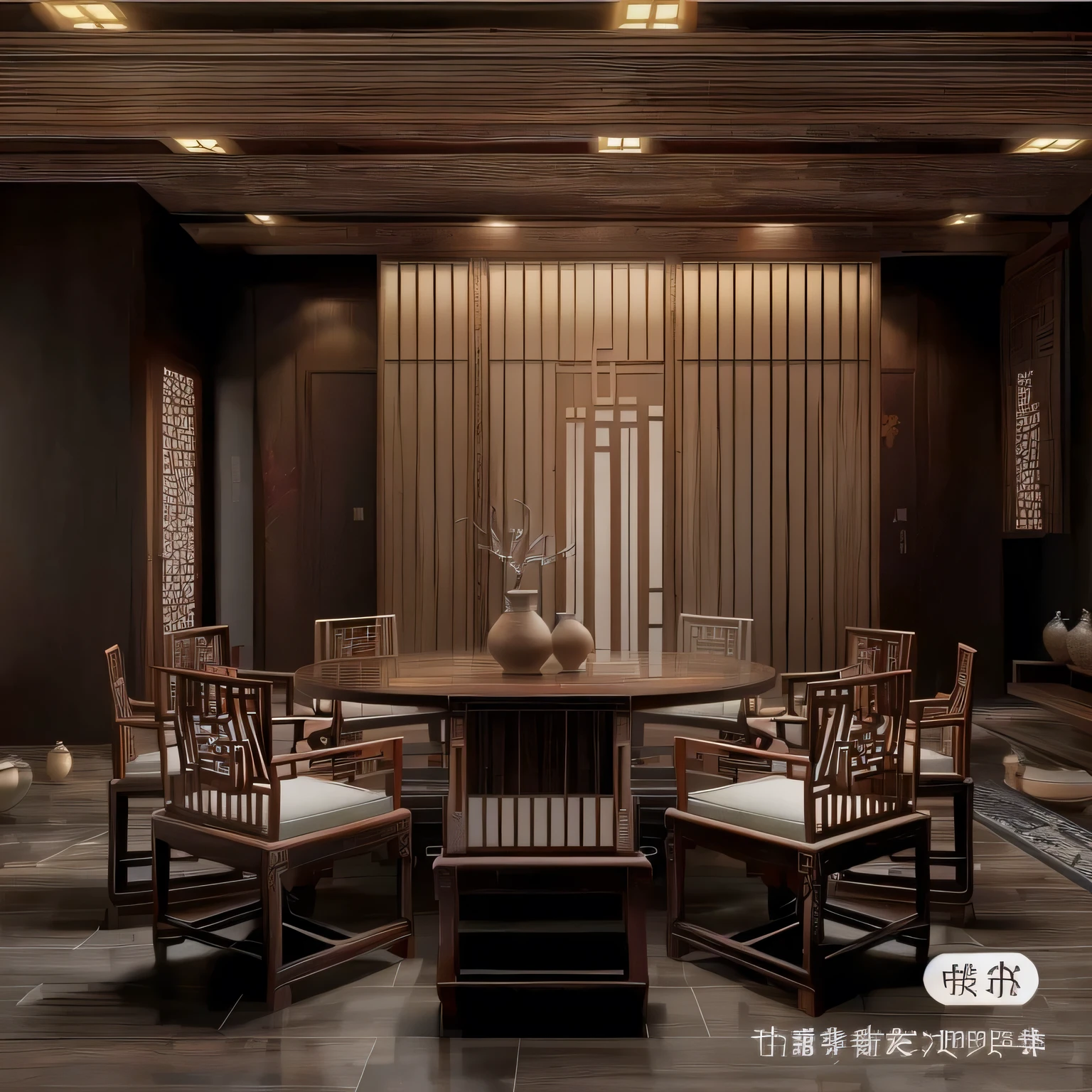 Chinese style room,Wooden grille top,Antique floor tiles