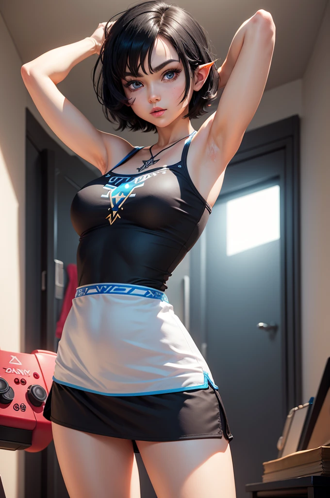 Zelda, short hair, Black hair, armpit, shorts dress, blue eyes, Big legs, jugando playstation