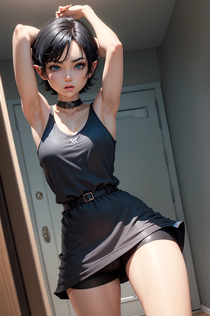 Zelda, short hair, Black hair, armpit, shorts dress, blue eyes, Big legs, jugando playstation