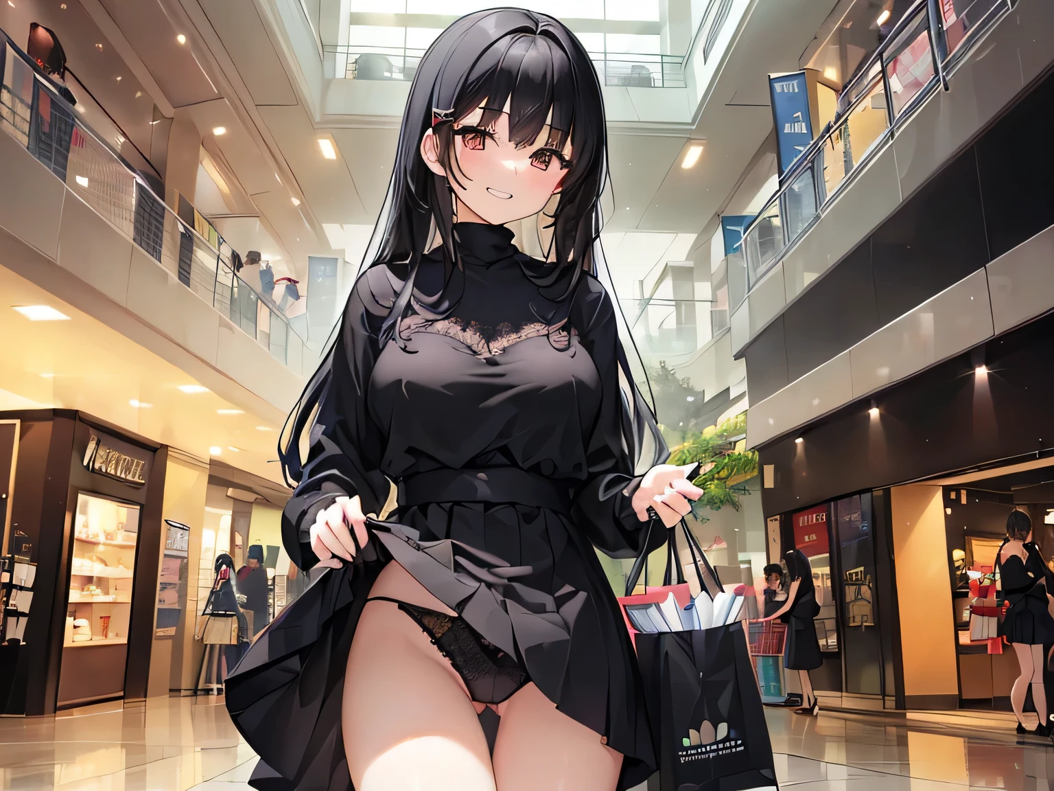 (masterpiece、highest quality、High resolution、Realistic photo、Real looking skin:1.1)、
(Women lift their skirts and take off their panties々I am showing it to:1.8)、
(standing:1.5)、
(Provocative, grinning expression:1.8),
(She is wearing a black long sleeve turtleneck dress:1.5)、
(I'm wearing black pumps:1.5)、
(The panties are made of black lace and have a pattern.:1.8)、
(I have long black hair:1.5)、
(The location is an unpopular shopping mall:1.5)、
1 Japanese Girl、solo、Full Body Esbian、Beautiful Eyes、Shining Eyes、Shining thighs、NSFW