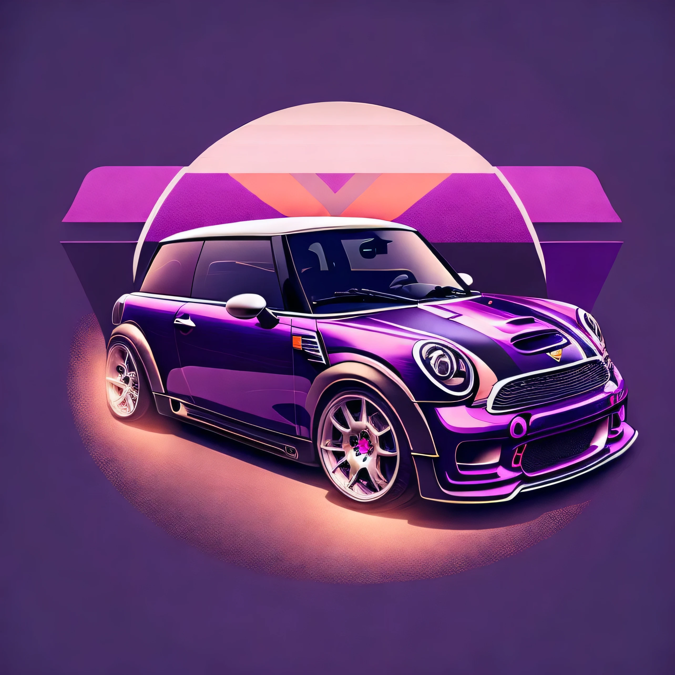 Artwork for t-shirt graphic design, a race track graphic design, Mini Cooper S R56, street, bold purple color, background in vintage pastel tone, highly detailed clean, vector image, realistic masterpiece, professional photography, realistic car, car sunrise background, flat black background, isometric, vibrant vector