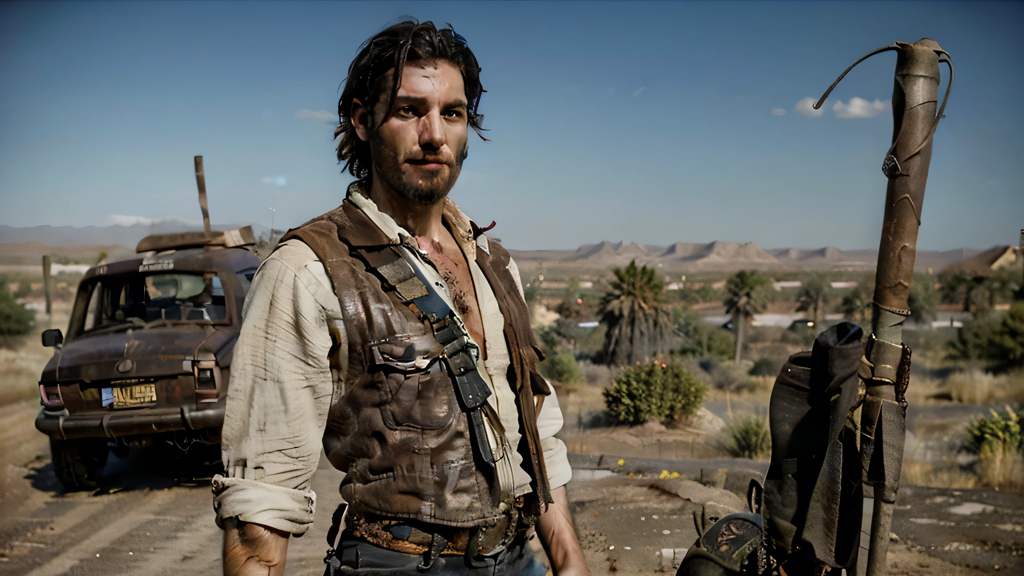 Logan, X-mem, 3D, 4K, ultra realistic. A 27-year-old masculine male steampunk character, post - apocalyptic cowboy, with a rugged appearance, in mad max style, 4k wild west, wearing a leather vest adorned with pockets and straps, and metal cyberpunk staffs, brass goggles resting atop his forehead, short bearded and a determined expression in his piercing blue eyes. Settings in a vast hot desert

