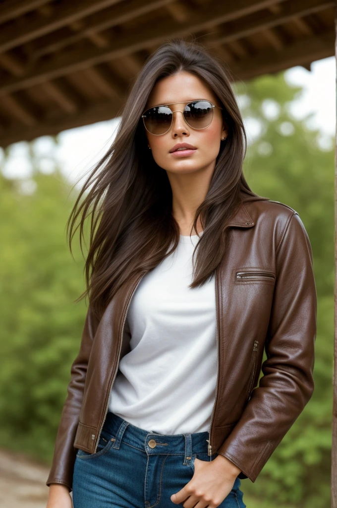 Editorial Photography 1990s style, a gorgeous girl with long dark brown hair. Hazelnut brown leather jacket, Jeans, sunglasses, medium Term. The air is shady, calm and quiet ambient, detailed soft pale skin. 35 mm. (nikon d850), realistic skin texture, atractive features, dream beauty, ethereal beauty, angelical face.