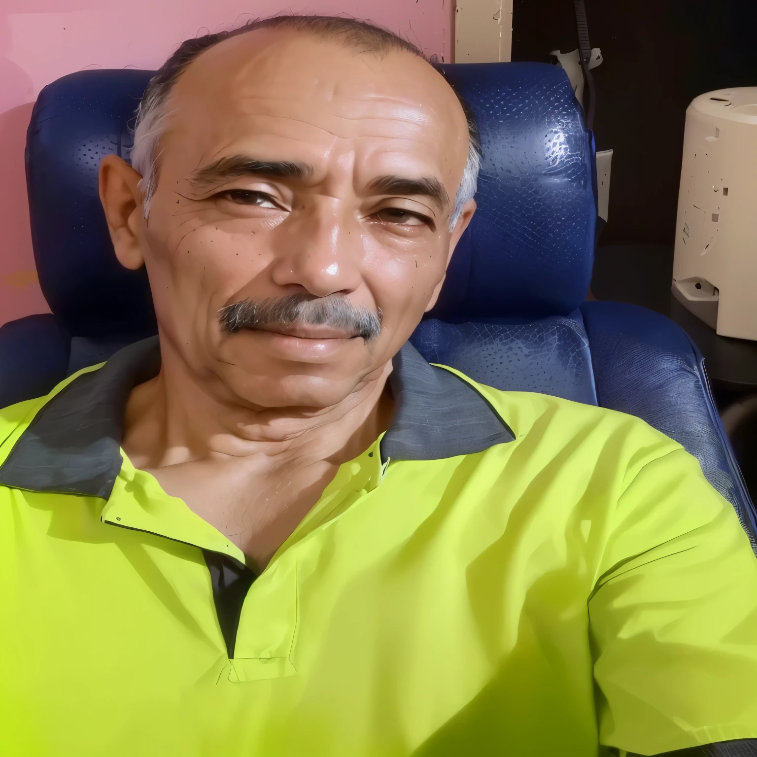 there is a man sitting in a chair with a cell phone, mohamed chahin, he is about 6 0 years old, he is about 60 years old, he is about 7 0 years old, he is about 5 0 years old, he is about 50 years old, taken in 2022, 4 0 years old man, 5 0 years old man