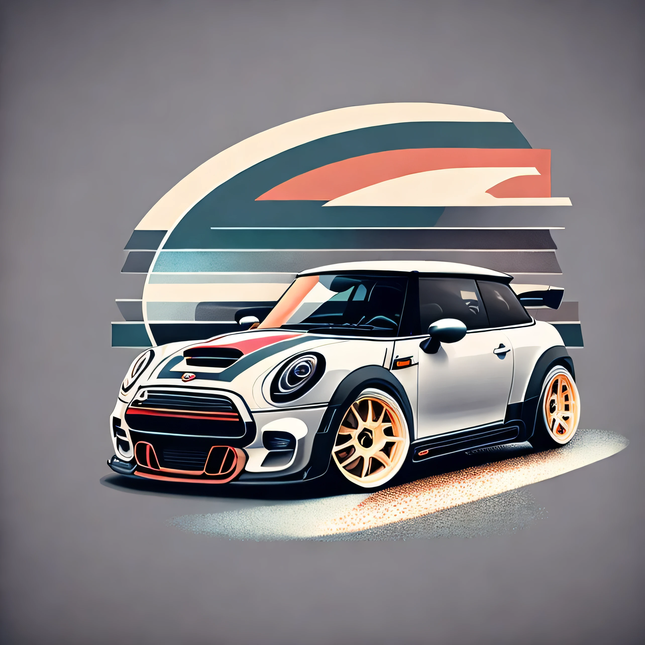 Artwork for t-shirt graphic design, a race track graphic design, Mini Cooper S R56, street, bold matte grey color, background in vintage pastel tone, highly detailed clean, vector image, realistic masterpiece, professional photography, realistic car, car sunrise background, flat black background, isometric, vibrant vector