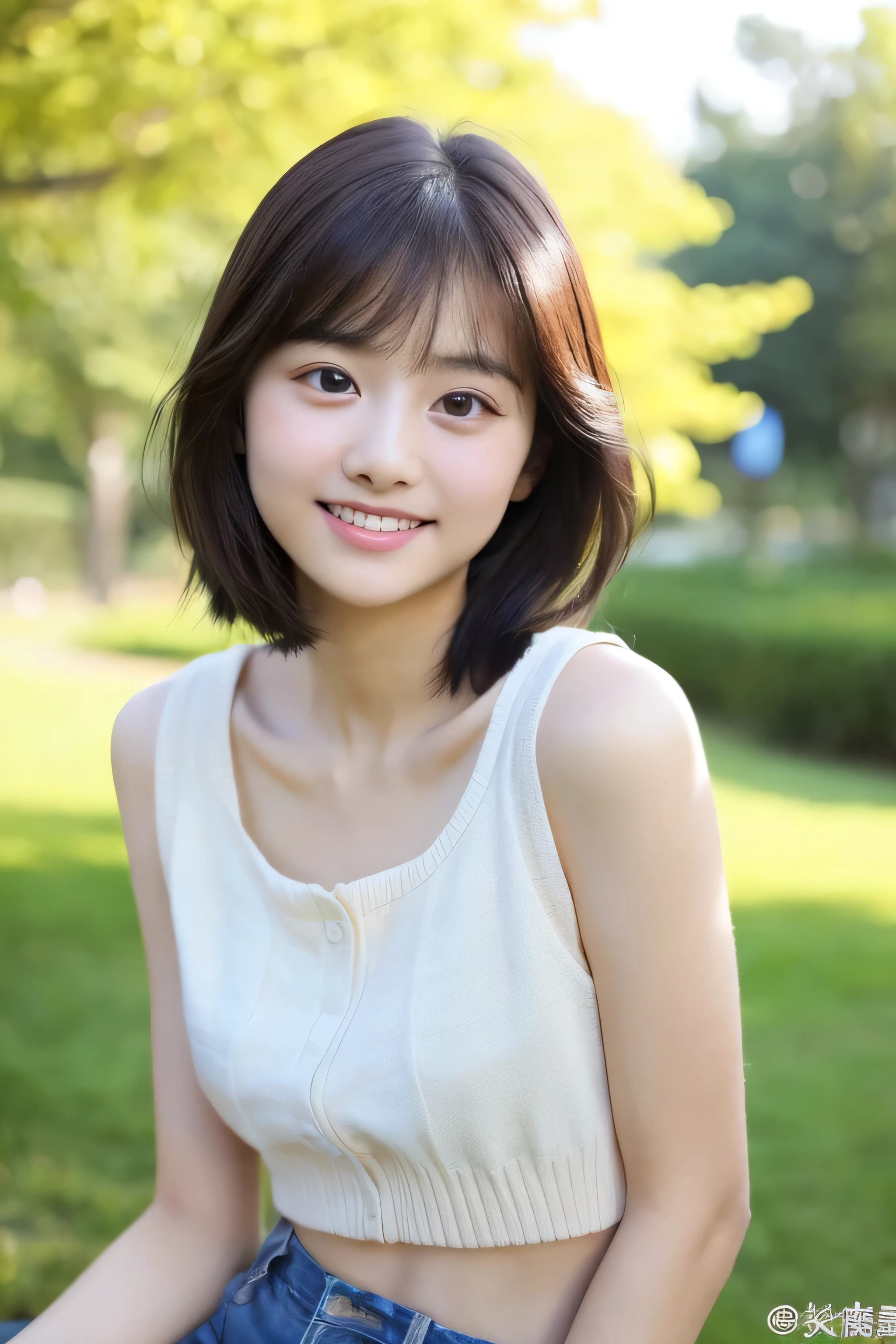 Photos of people、(Half-length photo:1.5)、Real photography、real picture、high resolution、16K、1 Girl、Japanese Girls、20 years old、Small face、short hair、Smile、big eyes、Bright Eyes、Glossy lips、Clean teeth、Clear skin details,Meticulous skin details,Looking at the camera、Wearing a vest、(camisole:1.2)、Thin waist、Long legs、evening、Background School