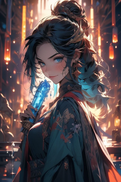 ((best quality)), ((masterpiece)), (detailed), perfect face, 1 girl, orb of water, water dragon, dragon horns, deep green hair, warrior woman, magic, mystic, fierce, vivid colors, mysterious, small smile
