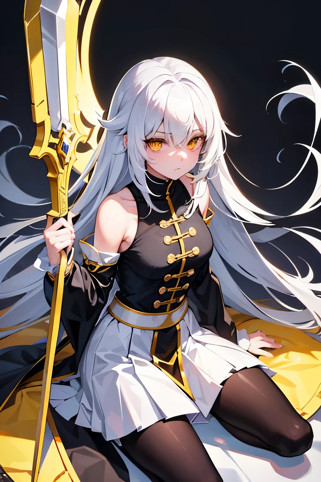 black anime girl,long white hair,wearing white clothes, Yellow eyes, With a sword, Indifferent Yuanshen style,Gift GIF