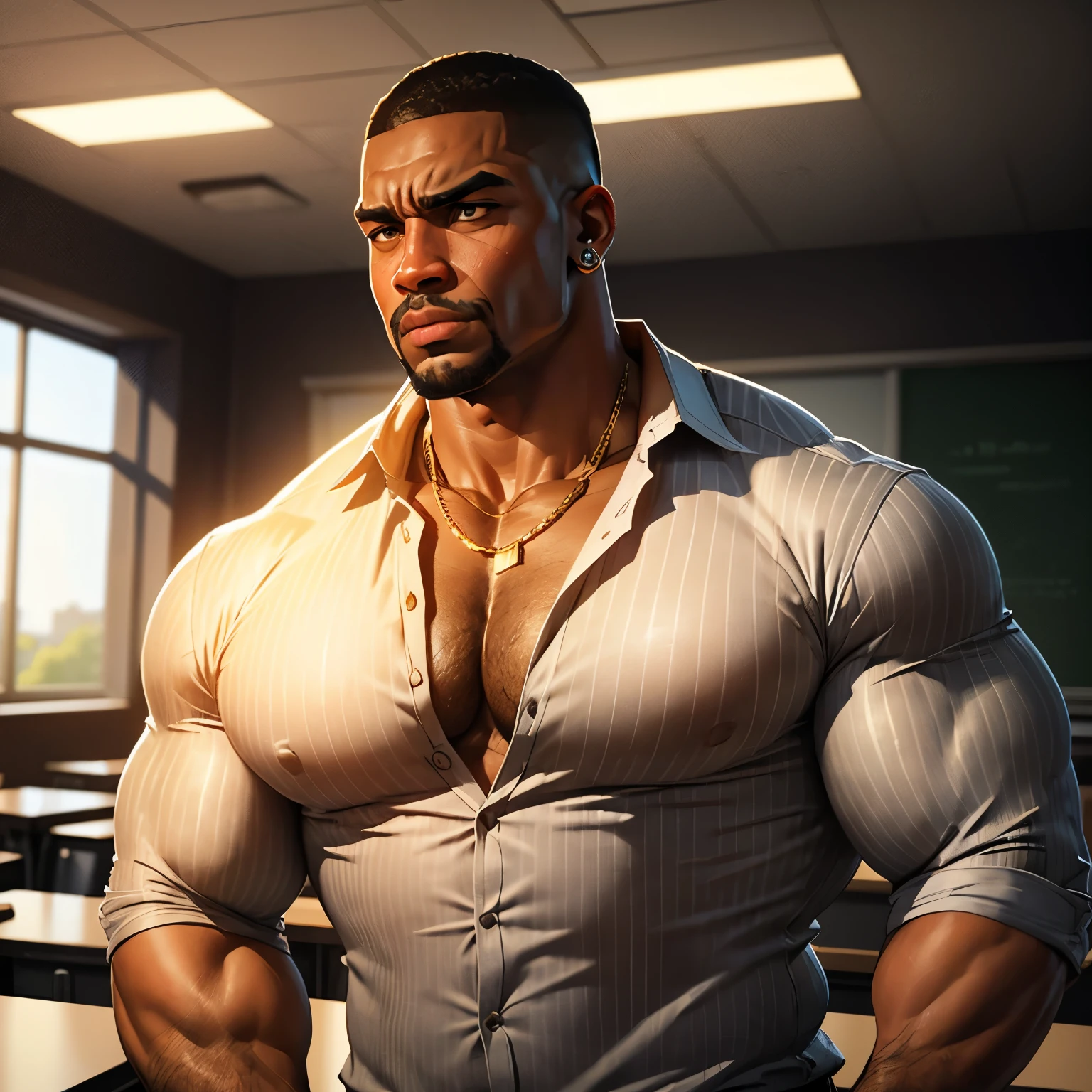 an exaggeratedly muscular and large bodyguard, beefy build, hefty, goatee, dark-skinned african american male, buzzcut hair with square line, (suspicious expression: 1.2), (wearing pin-striped casual business shirt: 1.2), small company badge on shirt, (bara pecs: 1.3), beefy pecs, gold earrings, gold chain necklace, arm tattoo, (arm and chest hair: 1.1), portrait HD, (college classroom)