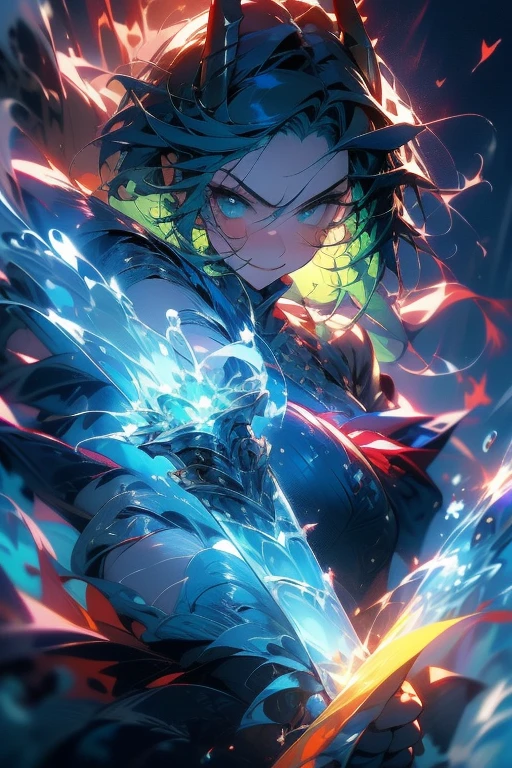 ((best quality)), ((masterpiece)), (detailed), perfect face, 1 girl, orb of water, water dragon, dragon horns, deep green hair, warrior woman, magic, mystic, fierce, vivid colors, mysterious, small smile