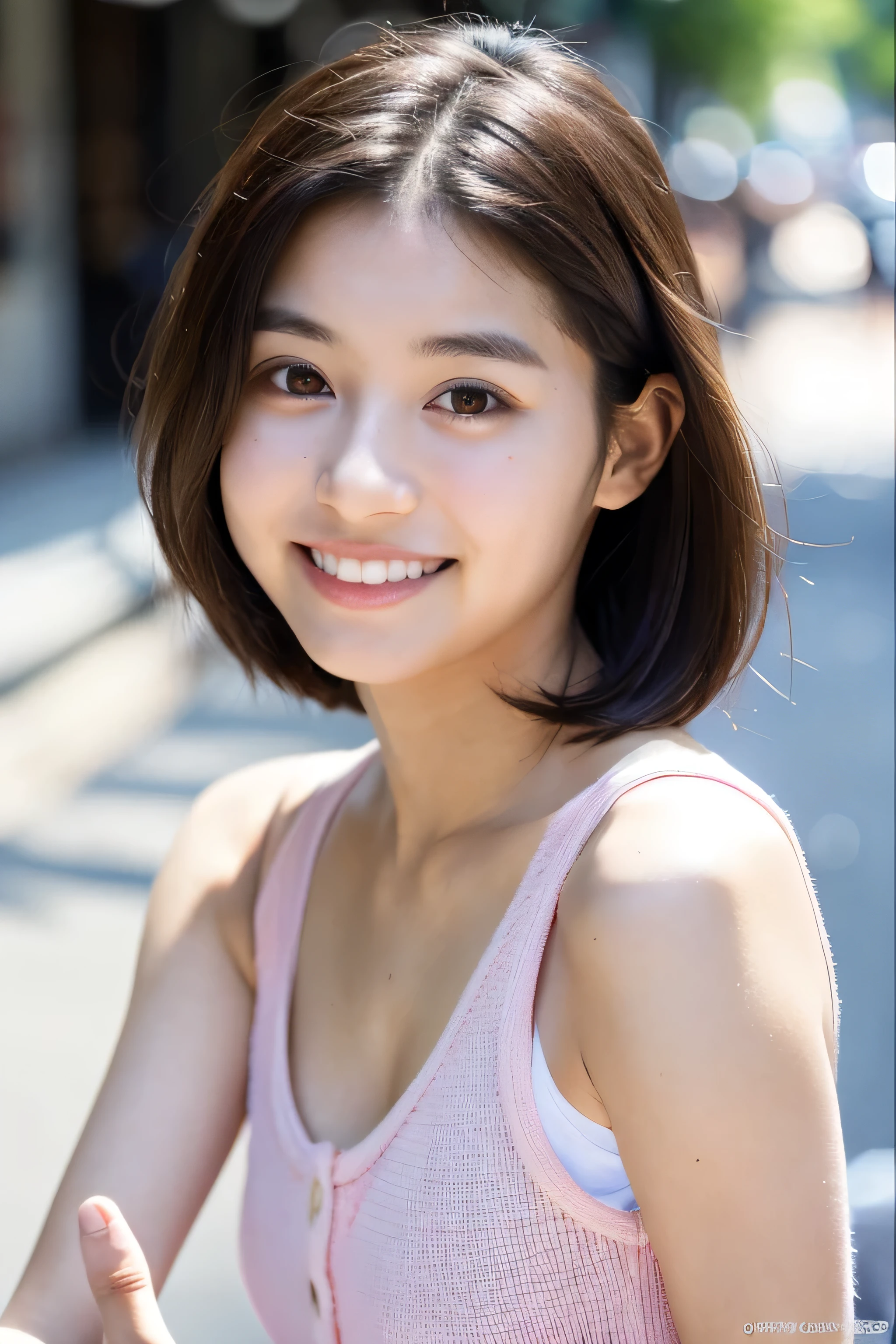 Photos of people, (Half-length photo:1.5), Real photography, real picture, high resolution, 16K, 1 Girl, Japanese Girls, 20 years old, Small face, short hair, Smile, big eyes, Bright Eyes, Glossy lips, Clean teeth, Clear skin details, Meticulous skin details, Looking at the camera, Long arms, Thin waist, Wearing a pink vest, (camisole:1.2), evening, Background Street