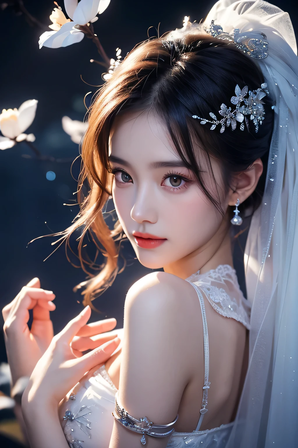 High-quality work，Realistic works，Super premium graphics，8K HD CG works，high quality graphics，High-definition and exquisite CG works，10x pixels，Ultra-fine details：1.1，Advanced technical details：1.1Realistic photo effects，Interior lighting effects：1.5，natural soft light：1.5. Light effect（Virtual light effects：1.8），ultra high resolution，shining dress，sliver long hair，silber hair，transparenthair，high detailed hair（Quality hair details：1.1）Clear eyes，Double eyelids look good，Sharp eye makeup, Create exquisite eyelash makeup, tthin eyebrows, Ultra-detailed eyes，a tall nose, lovely red lips, rosey cheeks, With delicate makeup on her face , pretty face, The face shape is perfectly proportioned,（Advanced facial details：1.1）ethereal Moon Goddess of unparalleled beauty, Smooth, captivating motion (yellow eyes, extremely detailed, bioluminescent):1.7 , blue bioluminescent body: 1.7. (flying, floating body): 1.5. (surrounding drifting clouds, night sky), gentle, graceful demeanor, elegant and pure temperament. Hair silky (Exquisite silk dress, delicate silver pattern, extremely detailed), (exquisite crown, extremely detailed), Moonlight creates a halo.，Women's artwork，Dress full body video，Realism，Amazing Cleavage，My eyes are very bright today
