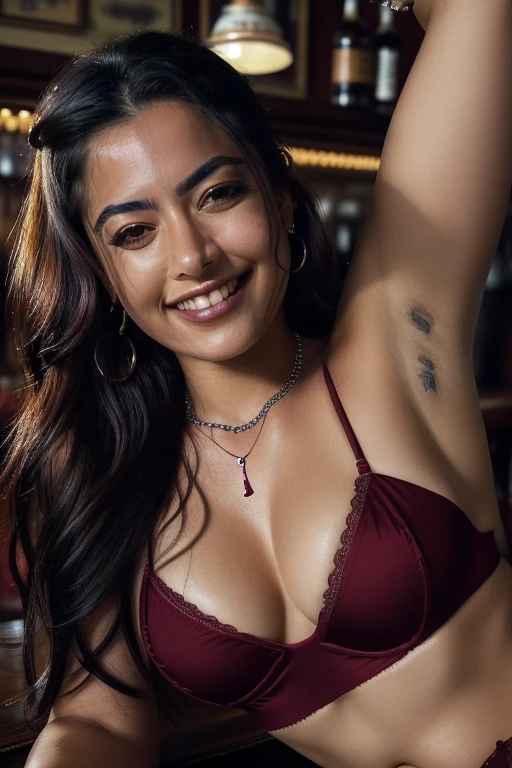 day scene, extreme close up photo of latina from top view, lying in a pub, wide open legs, maroon see through bra, perfect breasts, ponytail, necklace, 30 yo, look at viewer and smile, (cinematic:1.3), intricate details, (ArtStation:1.2)