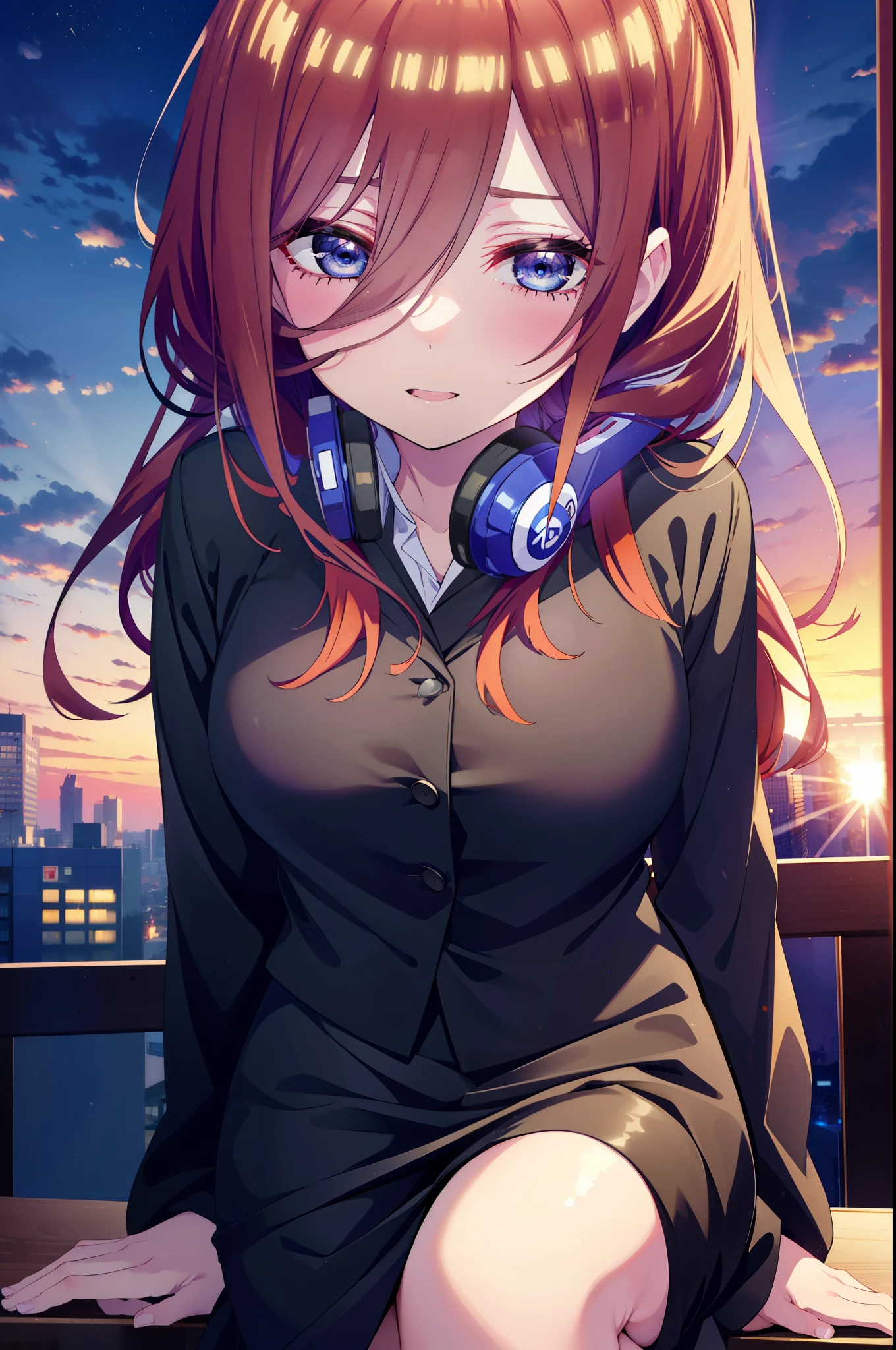 Miku Nakano, Miku Nakano, Long Hair, bangs, blue eyes, Brown Hair,,Blue Hairband ,Hair between the eyes, happy smile, smile, Open your mouth,Headphones around the neck,OL, Akagi Glasses, Black suit jacket, Collared jacket, White dress shirt, Collared shirt, Neckline, button, Black pencil skirt, Black Pantyhose,Stiletto heels,too,sunset,evening,too陽が沈んでいる, As if your whole body is in the illustration,Looking up from below,
break outdoors, city,Building district,
break looking at viewer,  (Cowboy Shot:1. 5)
break (masterpiece:1.2), highest quality, High resolution, unity 8k wallpaper, (shape:0.8), (Beautiful details:1.6), Highly detailed face, Perfect lighting, Extremely detailed CG, (Perfect hands, Perfect Anatomy),
