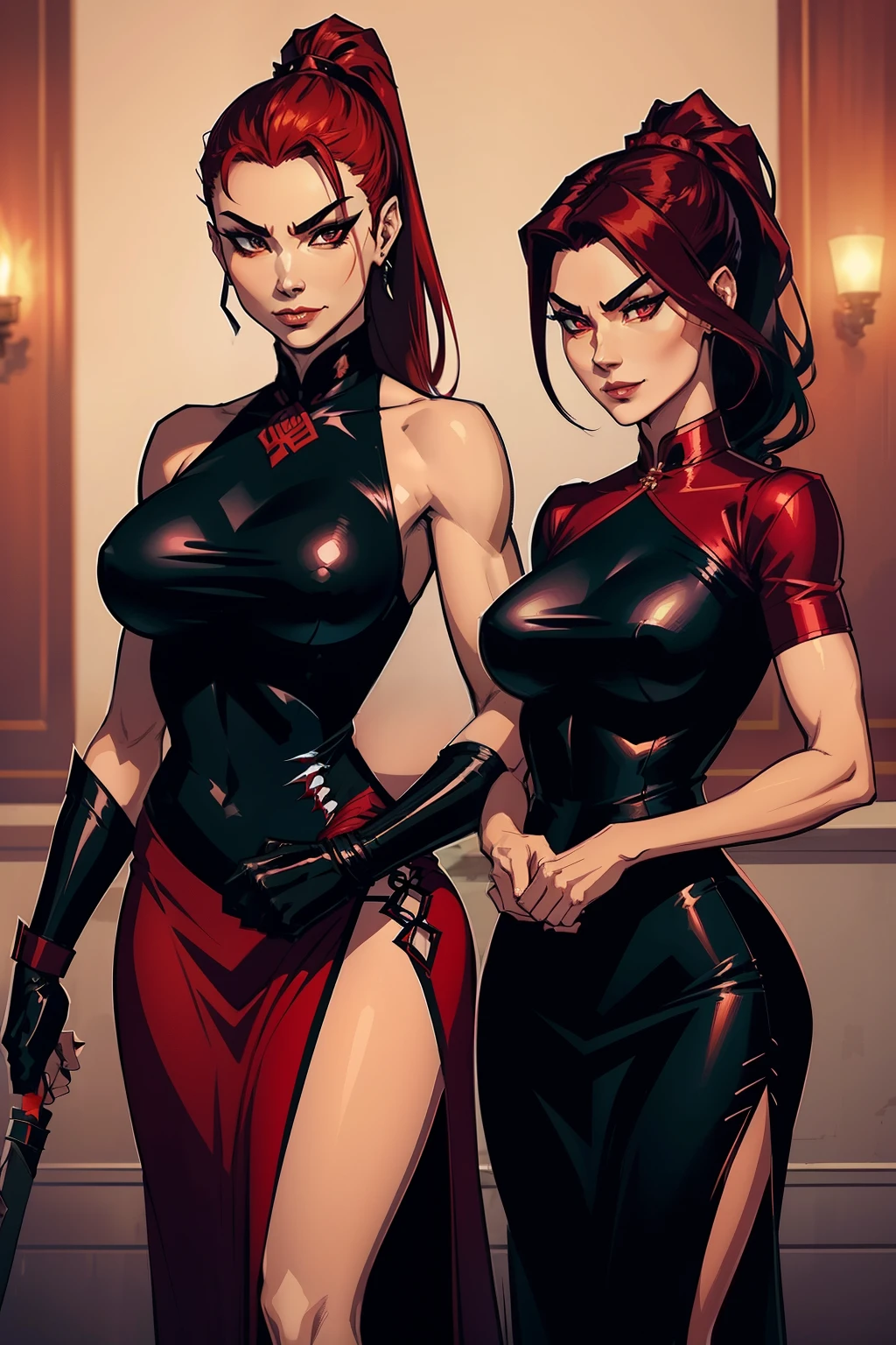 Kana, a demon lord hunter with determined eyes and short, fiery red hair, sharp features, and a muscular build, clad in leather armor and armed with a sharp, silver spear, stands confidently on the right. Her gaze is focused, ready for battle. On the left, Yuka, a rival hunter with long, black hair tied up in a ponytail, an elegant, yet deadly appearance, wearing a red qipao and wielding a pair of black, feathered fans, poses gracefully with a sly, mysterious smile. Both women exude an air of power and sensuality, their eyes locked onto each other, ready to engage in their next fierce confront