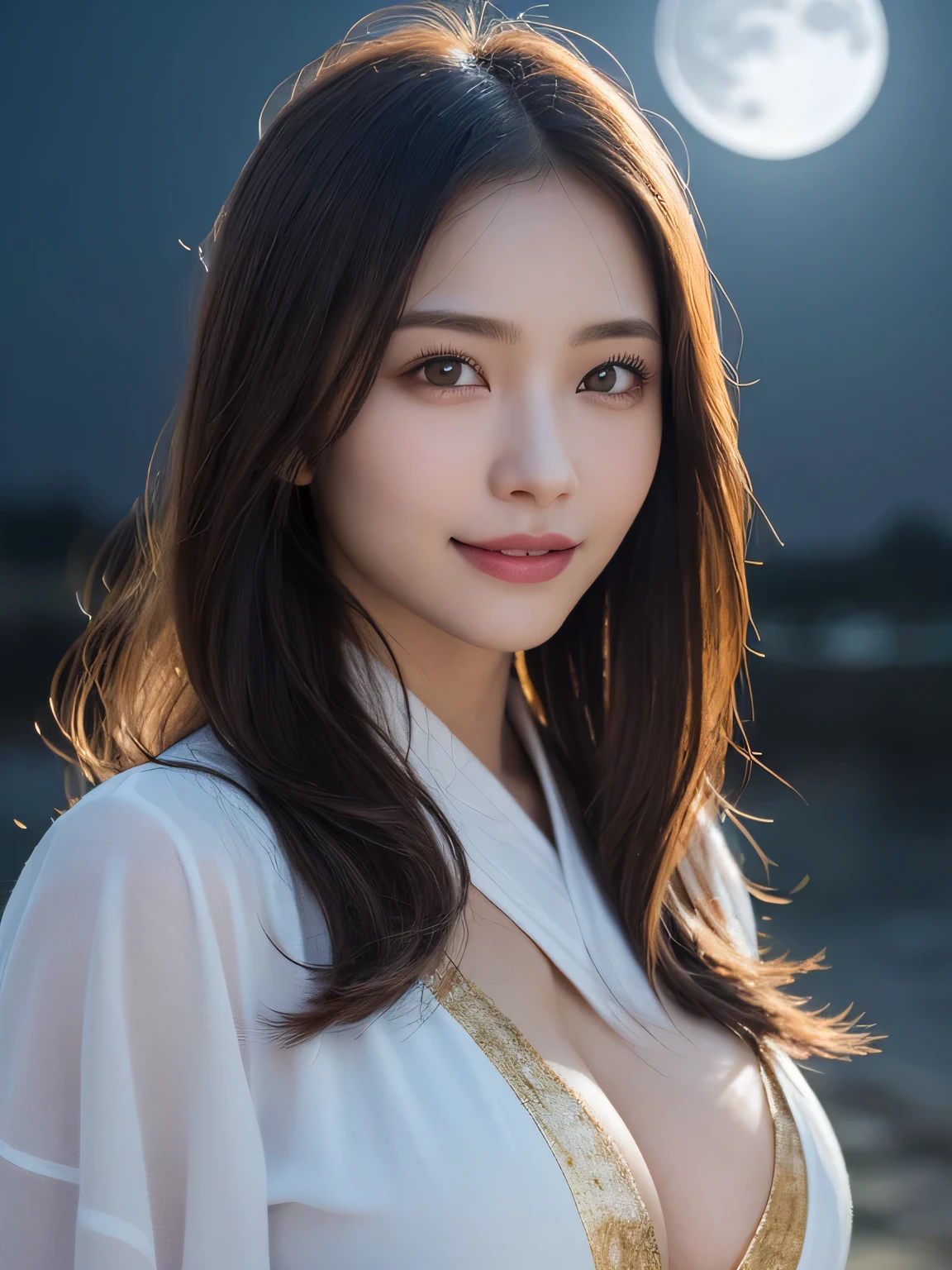 Kimono beauty, body portrait, 8k, thin and beautiful eyes, Dindal effect, masterpiece, top quality, high quality, high resolution, very detailed photo, (natural skin texture, fine skin, hyper realism, super sharpness) , high detail skin, (very fine, fine skin texture, intricate details, beautiful face, (real-like face), realistic eyes, beautifully detailed eyes, realistic skin, beautiful skin, surreal, Highly detailed, golden ratio, smiling eyes, ((night moonlight background)), body portrait, G cup, big breasts, huge breasts, big breasts, glamorous, shiny bodysuit