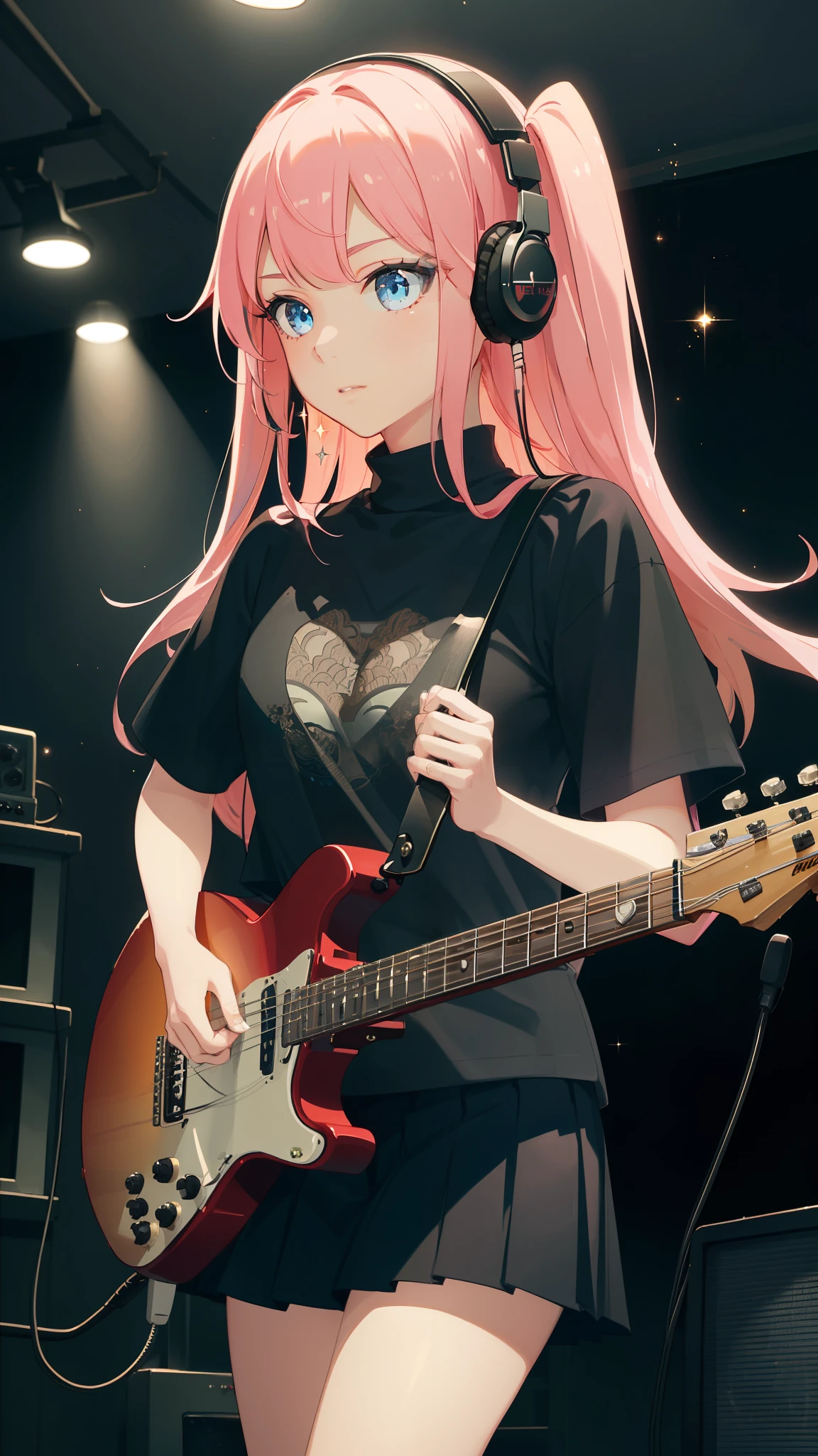 1girl, ((Cinematic Light)), colorful, Hyper Detail, Dramatic Light, Intricate details, highest quality, (Very detailed CG ユニティ 8k 壁紙, masterpiece, highest quality, Very detailed, Best Shadow), (Detailed Background:1.4), (Beautifully detailed face, Beautiful fine details), High Contrast, (Best lighting, Very delicate and beautiful),(girl:1.5), alone, Black Skirt, blue eyes, electric guitar, guitar, Headphones, Holding, Holding plectrum, musical instrument, Long Hair, music, One side up, Pink Hair, guitarを弾く, Pleated skirt, Black Shirt, indoor ((caustic)), Dynamic Angle,Beautiful sparkle,whole body, Cowboy Shot,