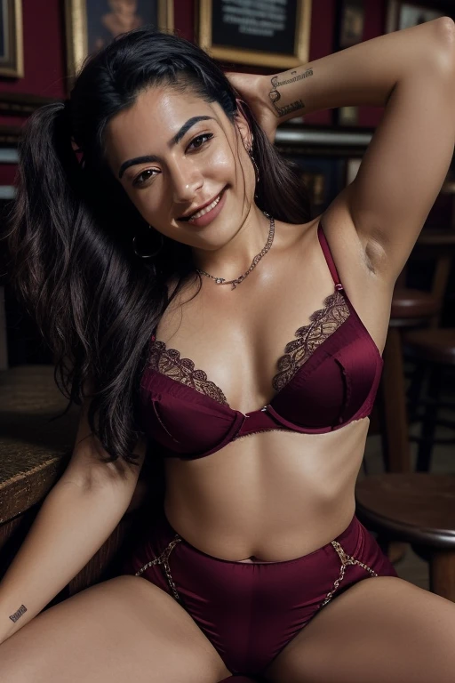 day scene, close up photo of latina from top view, lying in a pub, wide open legs, maroon see through bra, huge breasts, ponytail, necklace, 30 yo, look at viewer and smile, (cinematic:1.3), intricate details, (ArtStation:1.2)