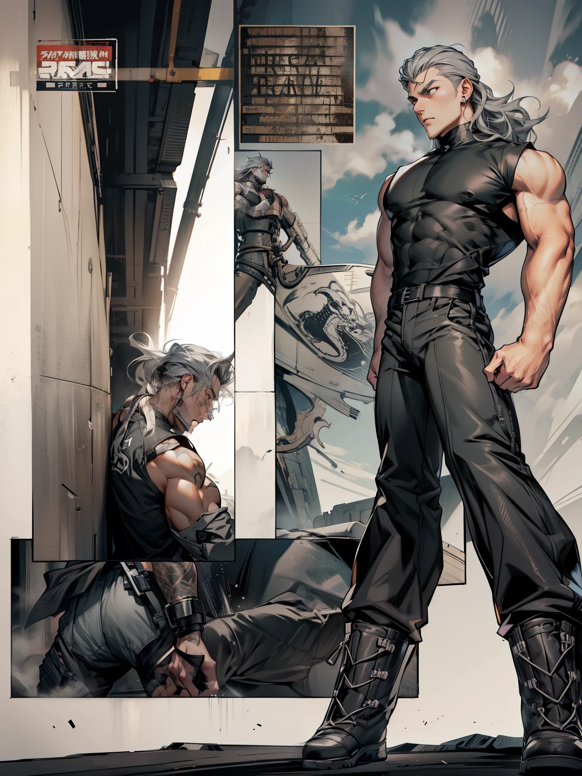 boys 26 Years old, Serious face, long hair, gray hair, wearing dark gray sleeveless shirt, black pants, high cut boots, 