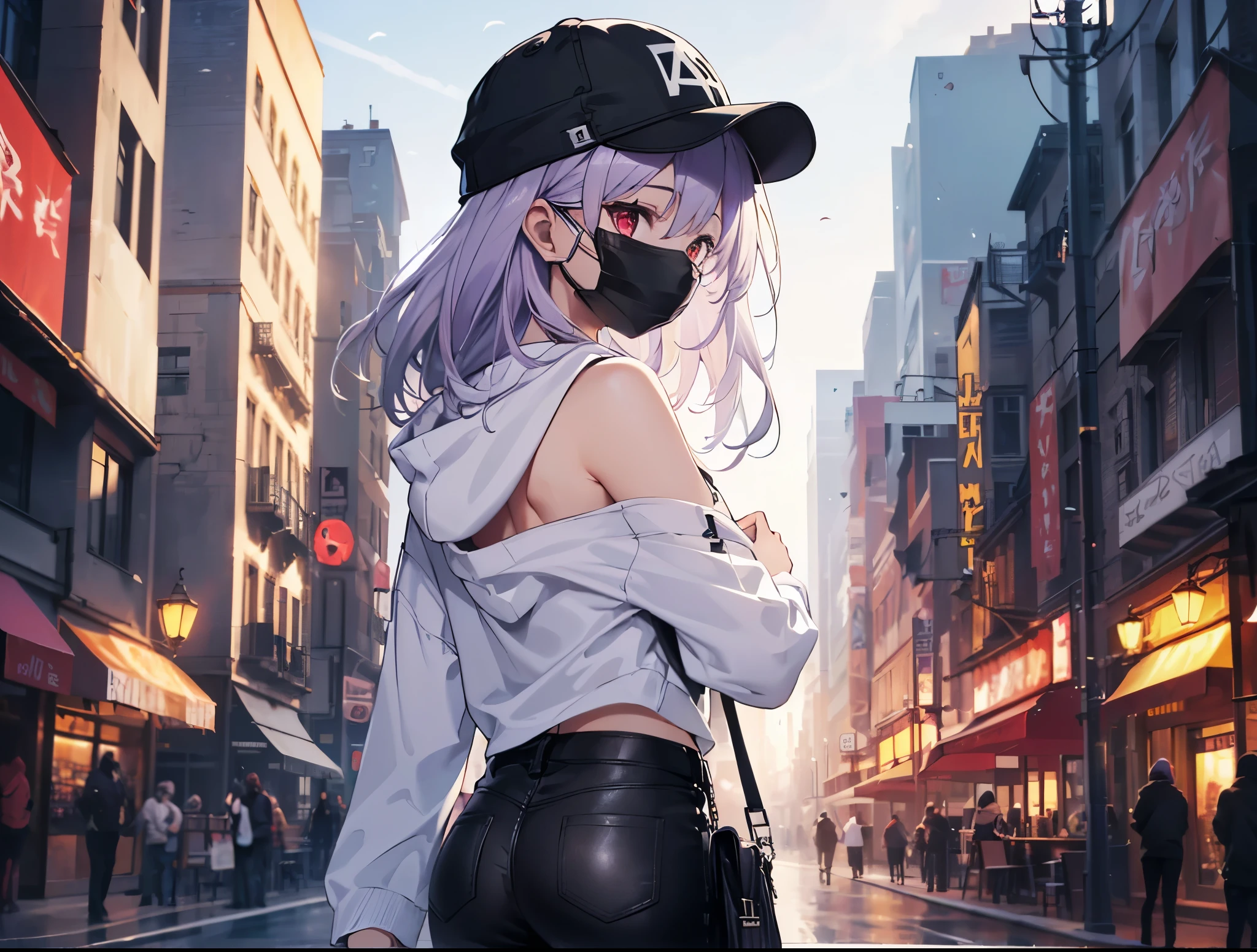(Close-up:1.3),Realistic,highest quality, Super detailed, High-quality CG rendering, The most delicate and beautiful, Floating softly, High resolution, (1 girl), (highest quality,4K,8k,masterpiece:1.2), Light purple hair,Long Hair,Red eyes,(Pure white oversized hoodie:1.3),(Black skinny pants:1.3),(Pure white cap:1.3),In the city,old buildings,(Black Mask:1.4),(Upper Body:1.3),(Turn your back to your audience:1.3),Ass,(Small shoulder bag:1.3)