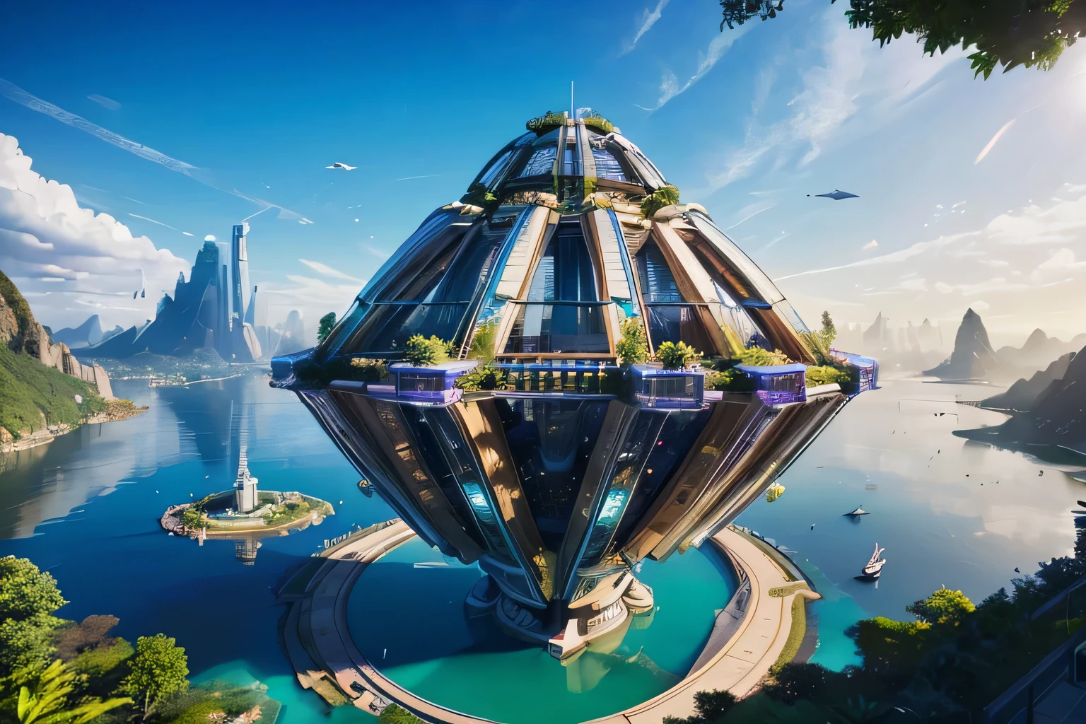 Future City、In harmony with nature、A technological masterpiece、Crystal structures shining in the bright sun、Great balance with plants、, Surrealism, Futurism, Surrealism, Hyperrealism, UHD, super detail, best quality, 4K