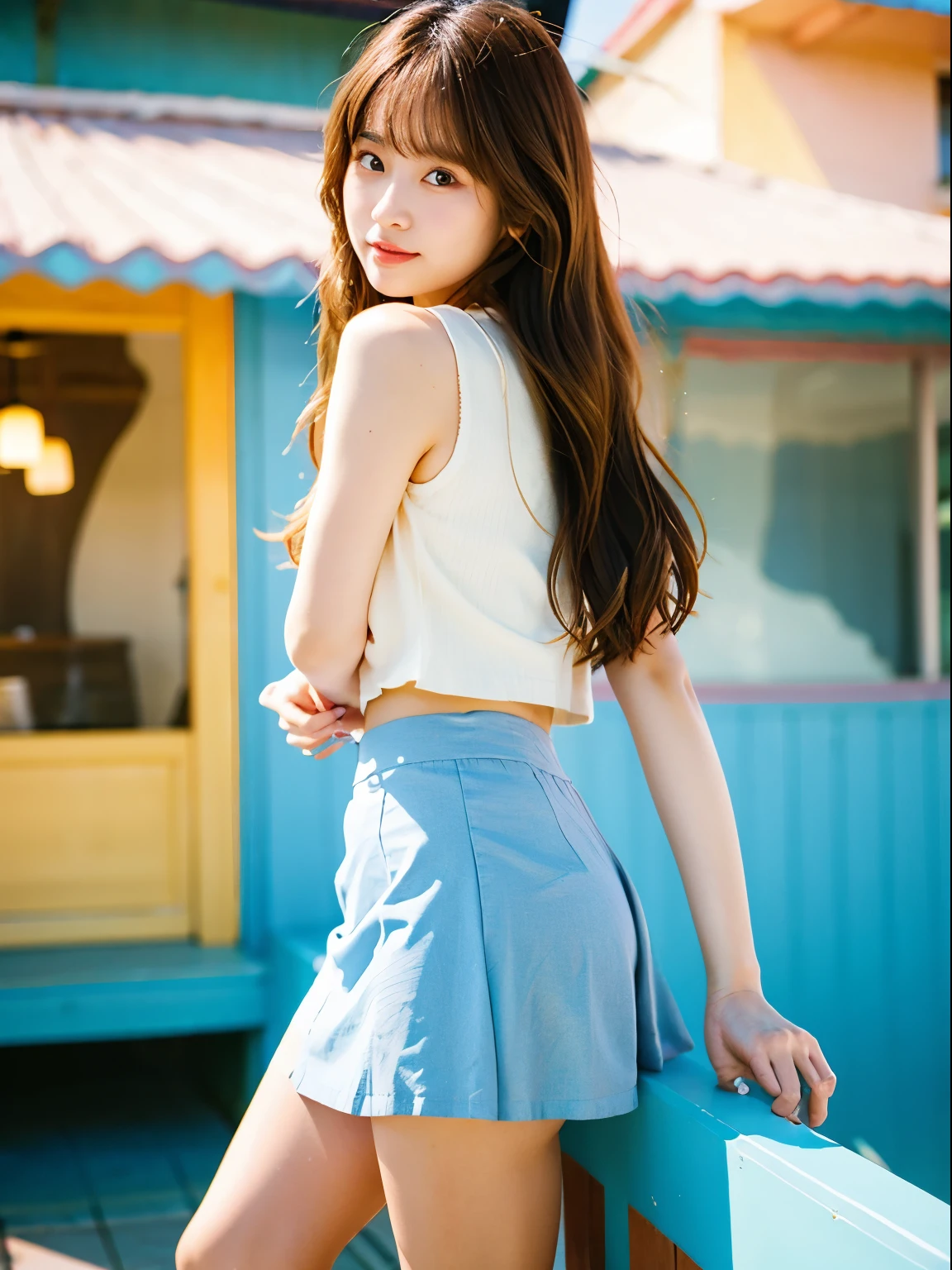 Top quality, 1 beautiful woman, wearing summer 
fashion, mini skirt 35mm lens, f/1, at beach house, 
long hair, brown hair, from side