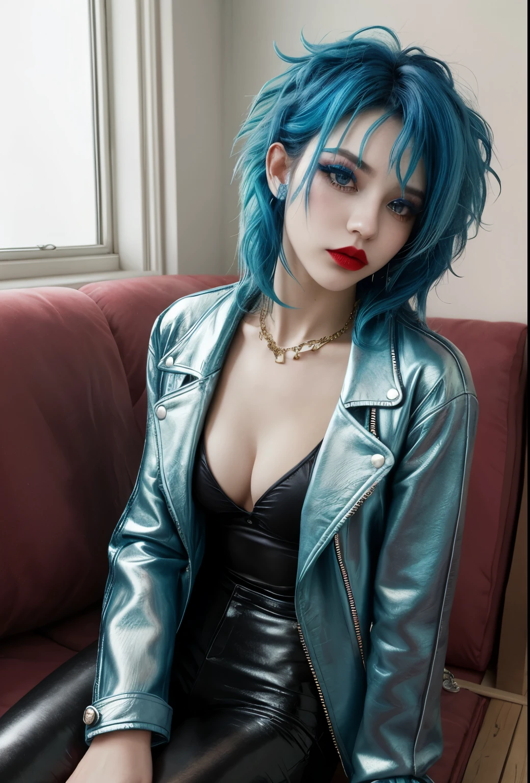 1girl, bedroom, messy hair, blue hair, alternative, glam rock hairstyle and clothes, glam rock makeup, colored lipstick, indoors, medium breasts, jacket, couch