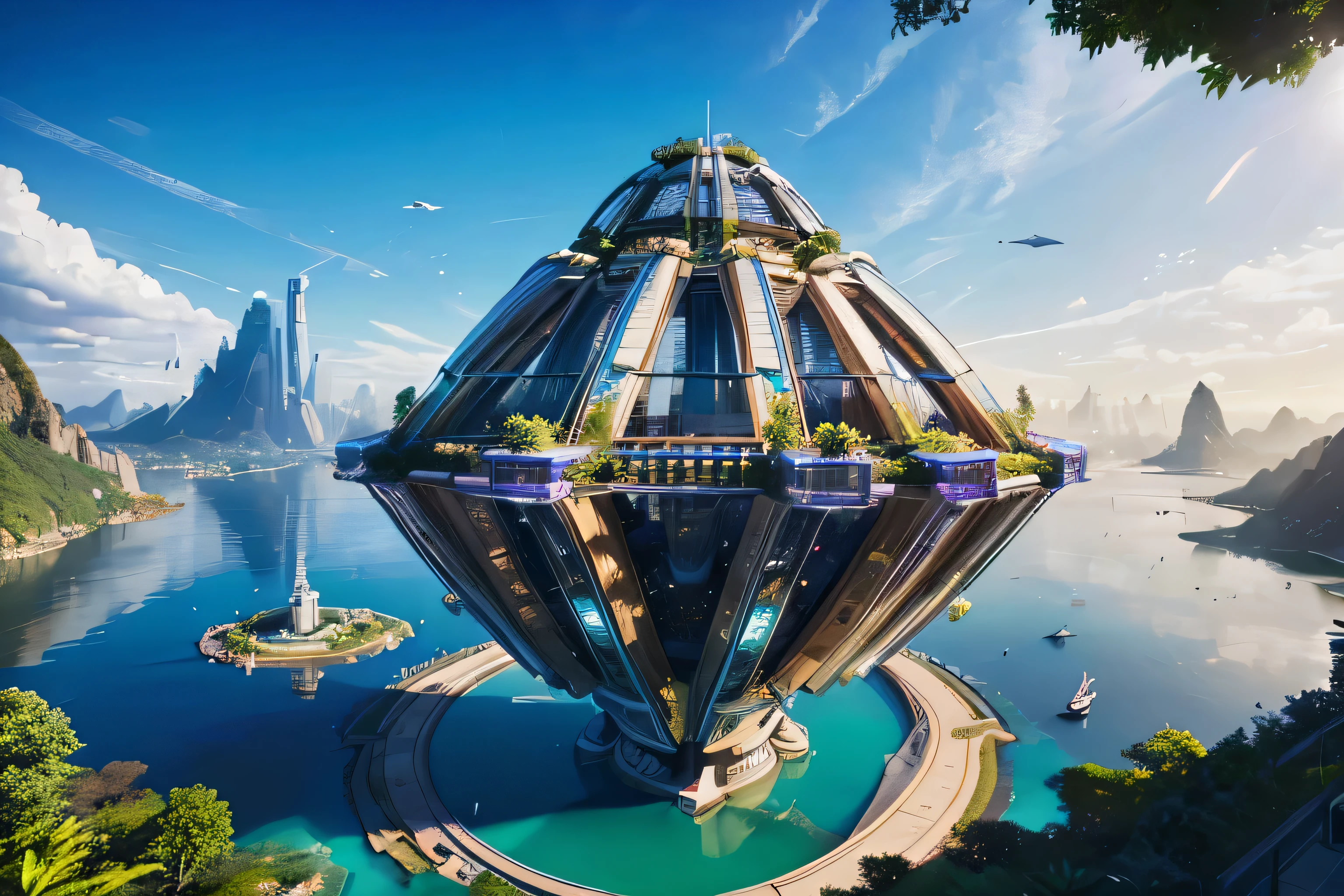 Future City、In harmony with nature、A technological masterpiece、Crystal structures shining in the bright sun、Great balance with plants、, Surrealism, Futurism, Surrealism, Hyperrealism, UHD, super detail, best quality, 4K