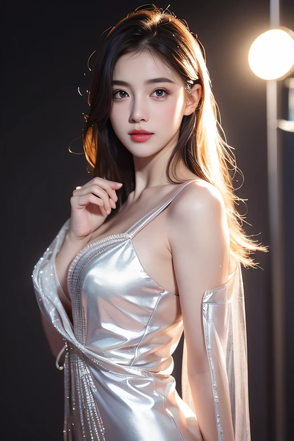 High-quality work，Realistic works，Super premium graphics，8K HD CG works，high quality graphics，High-definition and exquisite CG works，10x pixels，Ultra-fine details：1.1，Advanced technical details：1.1Realistic photo effects，Interior lighting effects：1.5，natural soft light：1.5. Light effect（Virtual light effects：1.8），ultra high resolution，shining dress，sliver long hair，silber hair，transparenthair，high detailed hair（Quality hair details：1.1）Clear eyes，Double eyelids look good，Sharp eye makeup, Create exquisite eyelash makeup, tthin eyebrows, Ultra-detailed eyes，a tall nose, lovely red lips, rosey cheeks, With delicate makeup on her face , pretty face, The face shape is perfectly proportioned,（Advanced facial details：1.1）1girl,beautiful vintage color, instagram (photorealistic, high resolution:1.4), ((puffy eyes)), looking at viewer, , full body (8k, RAW photo, best quality, masterpiece:1.2), (realistic, photo-realistic:1.37),(sharp focus:1.2), professional lighting, photon mapping, radiosity, physically-based rendering, (pale skin:1.2),(small breasts:1.2), looking at viewer, (middle hair:1.5), portrait, purple eyes, (sliver hair:1.1),bangs, (simple background:1.4), solo, upper body, realistic,(masterpiece:1.4),(best quality:1.4),(shiny skin),fashi-girl,makeup,smile(skinny,closed mouth,shy :1.3) ,(standing,black Stewardess uniform,Necromancer:1.1),medium bust,sexy pose , .，Women's artwork，Dress full body video，Realism，Amazing Cleavage，My eyes are very bright today
