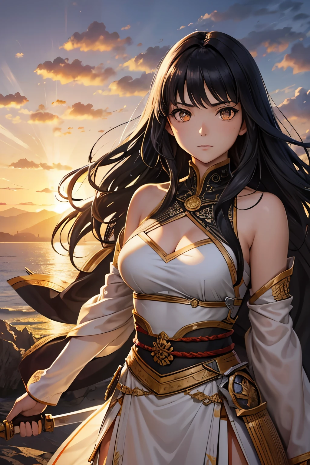 In the captivating world of Hoshino Amira's adventure manga, as we delve into chapter 1 on pages 24-25, we discover Amira standing boldly on the edge of a magnificent cliff. The sun begins to set, casting a warm, orange glow over the intricately detailed landscape. Amira, focused and determined, adjusts her intricately patterned kimono, ready to face whatever trials lie ahead.

Equipped with her sword and quiver full of arrows, Amira's fierce expression is accentuated by her shimmering, glossy black hair that falls in luscious waves around her shoulders. Her beautiful, almond-